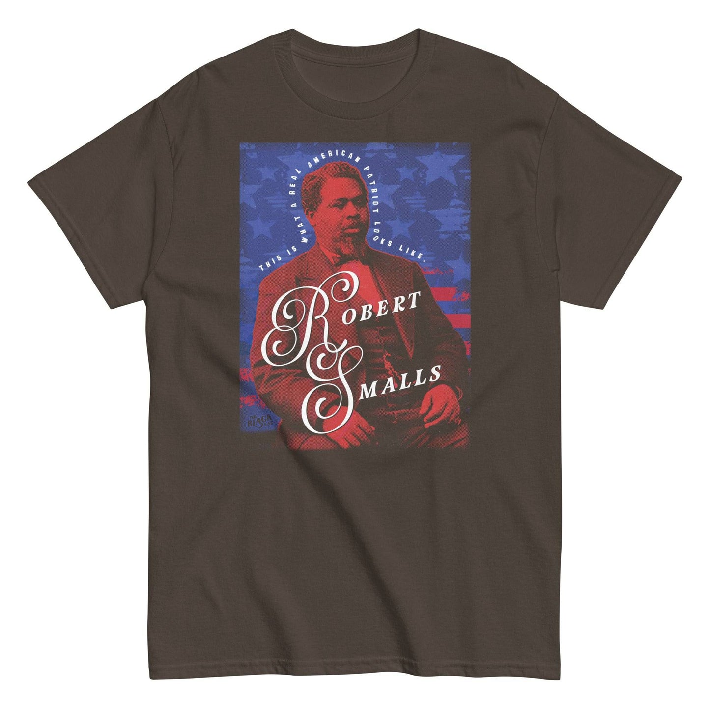 Brown Robert Smalls Real American Patriot Unisex T-shirt with red and blue graphic print, celebrating Black history and patriotism.