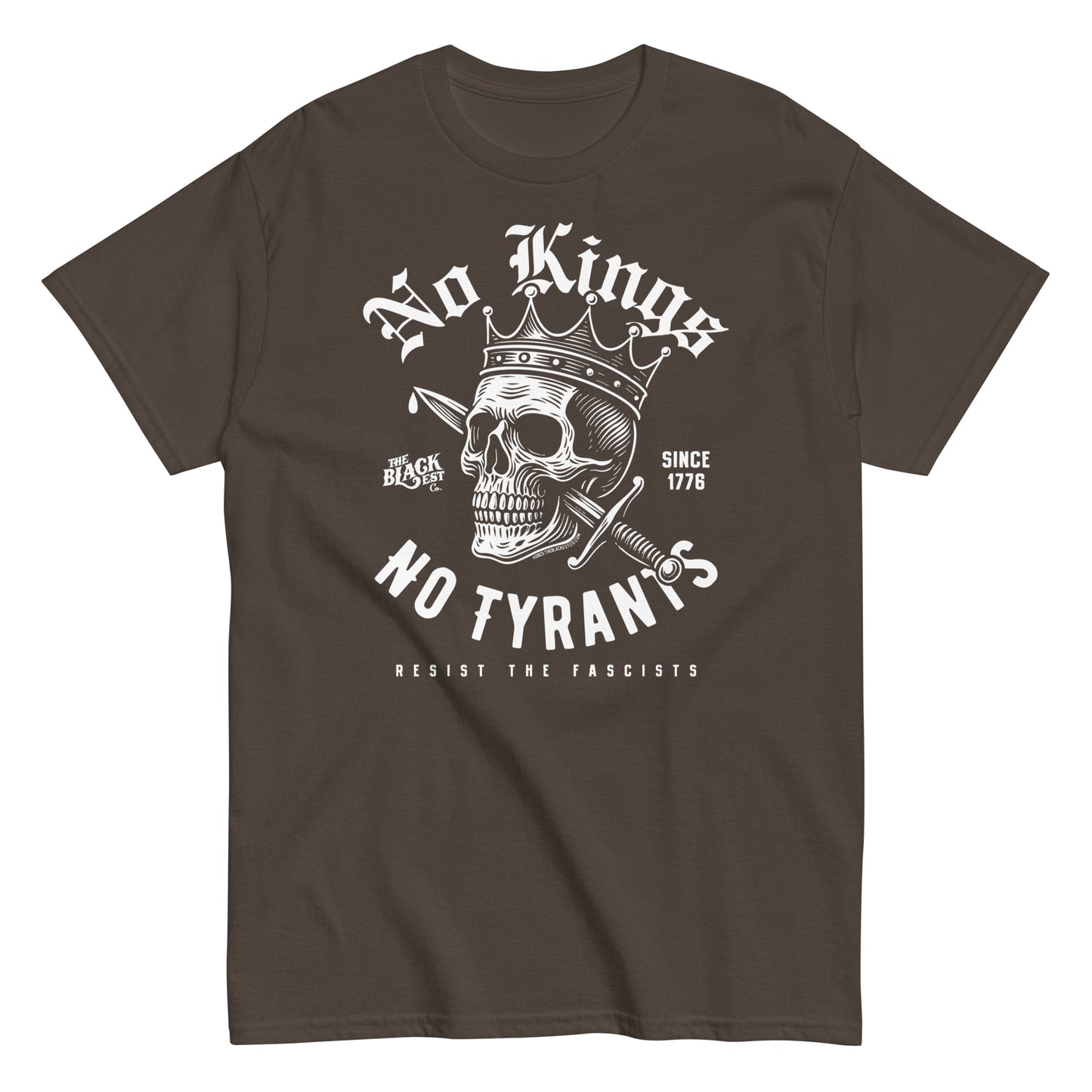 Brown No Kings No Tyrants Skull Protest T-Shirt by TheBlackest Co. with striking skull and crown print, structured cotton protest fashion.