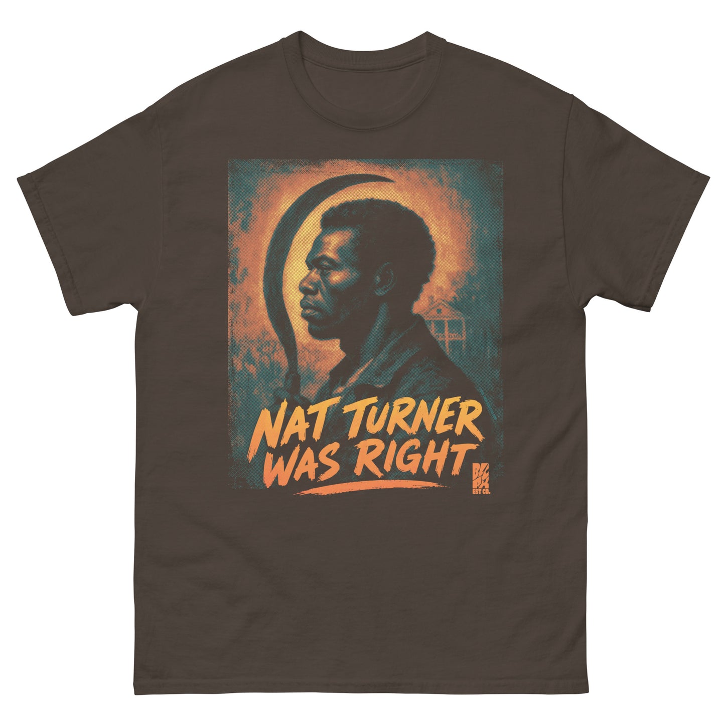 Unisex black T-shirt featuring a bold graphic of Nat Turner with the text 'Nat Turner Was Right' in orange, made of cotton for everyday wear