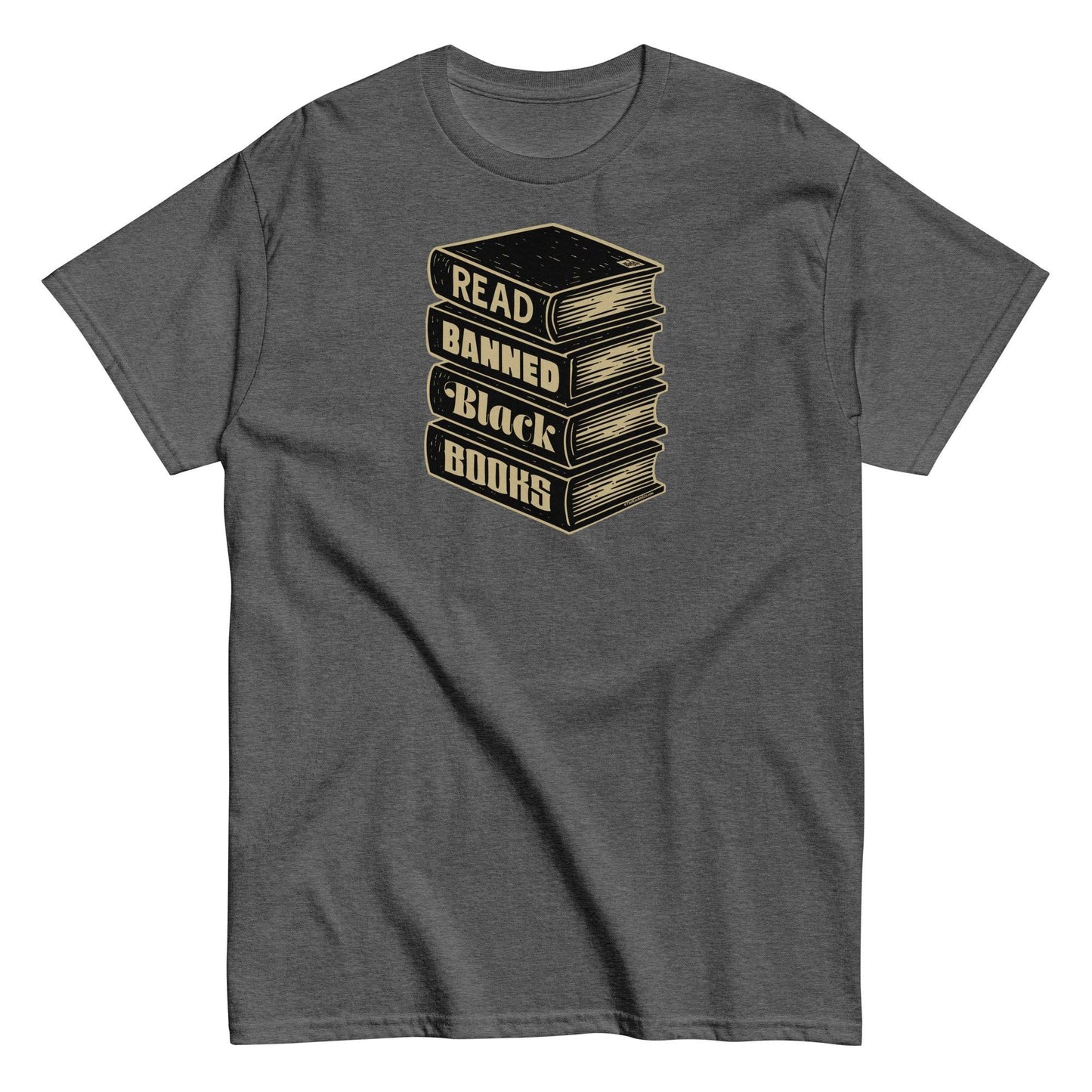 Dark heather gray Read Banned Black Books Stack Unisex T-Shirt by TheBlackest Co., a bold graphic tee for book lovers and cultural awareness.