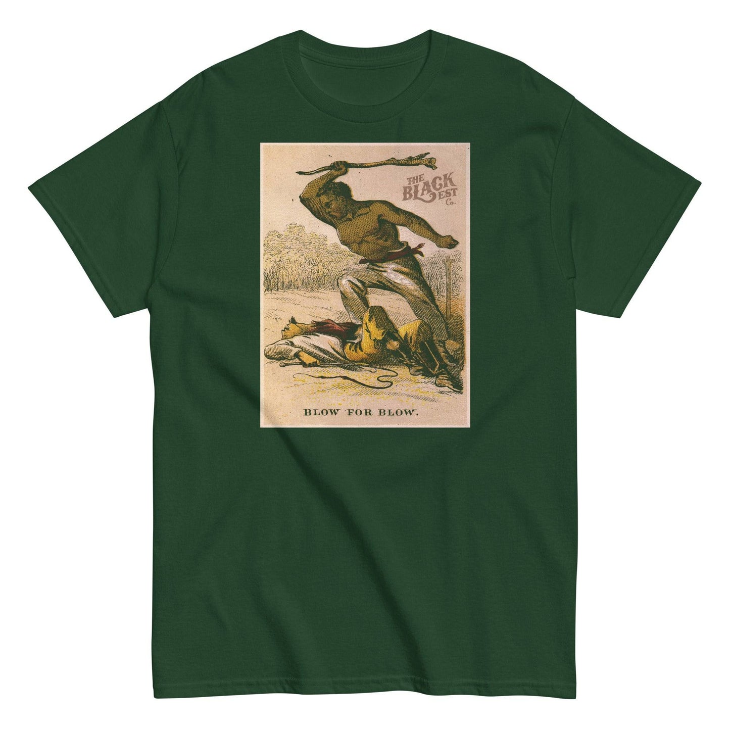 Blow For Blow | The Slave in 1863 Card Series T-Shirt in forest green with vintage-style Black empowerment artwork. A powerful tee in the graphic t-shirt category.