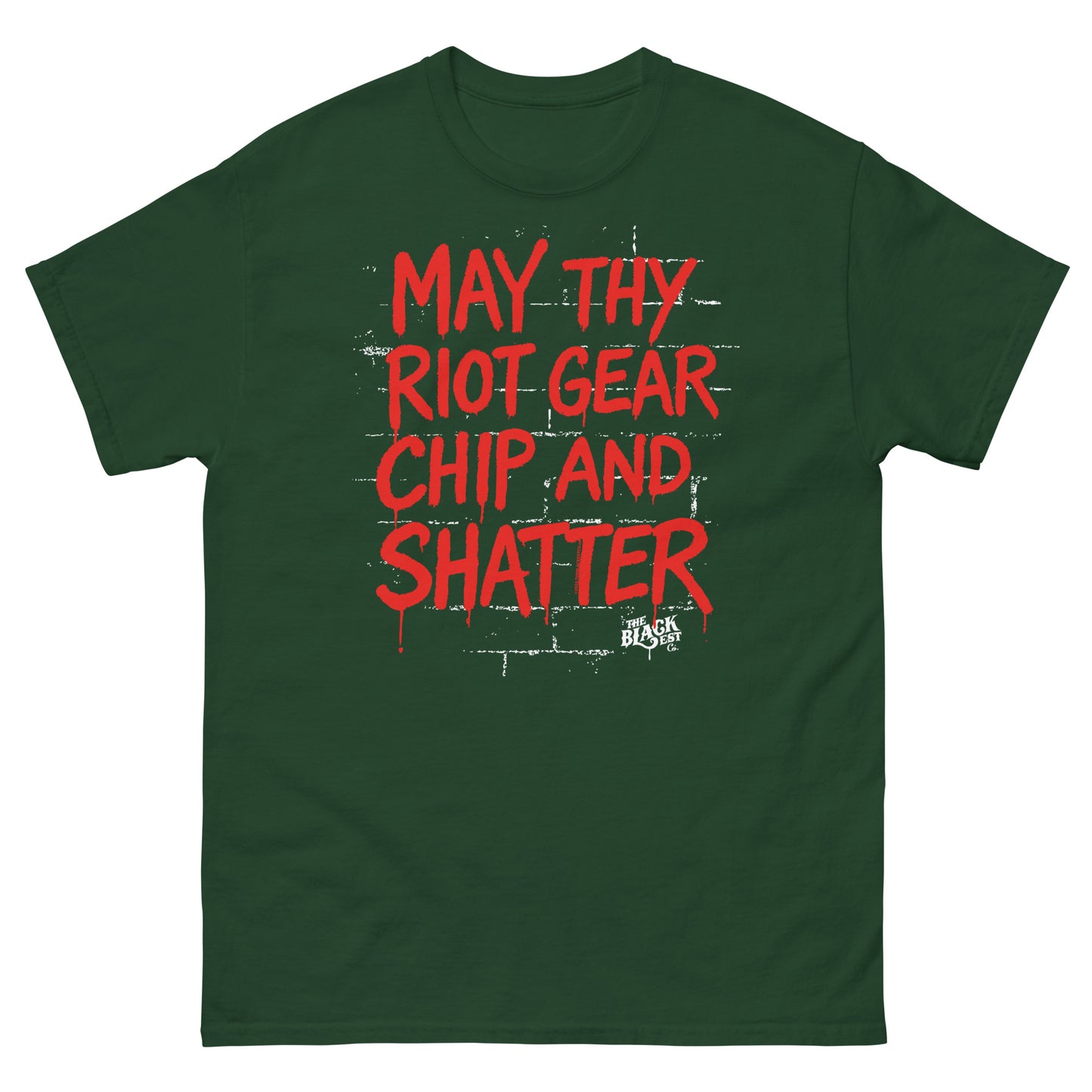 Forest green May Thy Riot Gear Chip And Shatter Staple T-Shirt by TheBlackest Co. with red protest message and urban design.