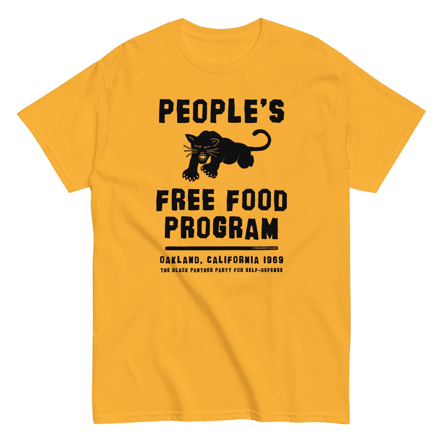 People's Free Food Program Staple T-Shirt in mustard yellow, featuring a bold black panther graphic and text honoring the Black Panther Party's community initiative. Made from 100% cotton, this unisex tee celebrates Black history and activism.