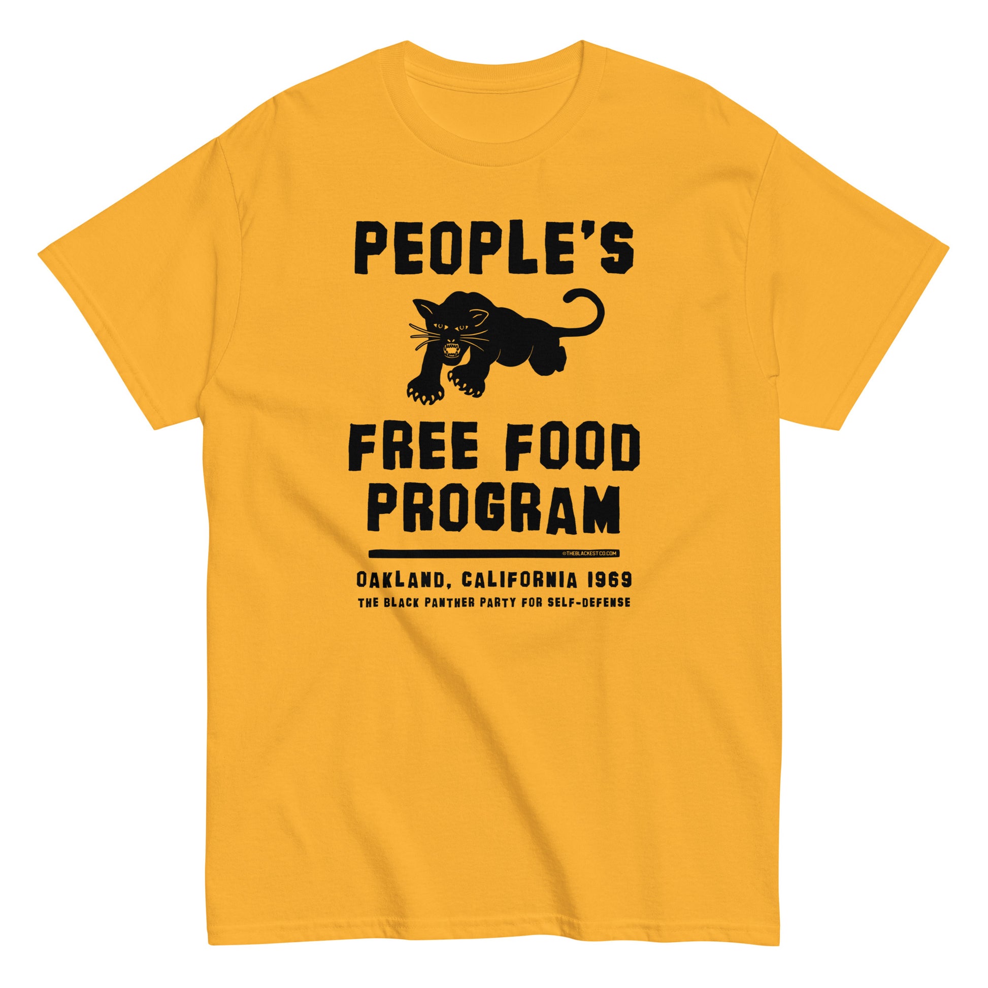 People's Free Food Program Staple T-Shirt in mustard yellow, featuring a bold black panther graphic and text honoring the Black Panther Party's community initiative. Made from 100% cotton, this unisex tee celebrates Black history and activism.