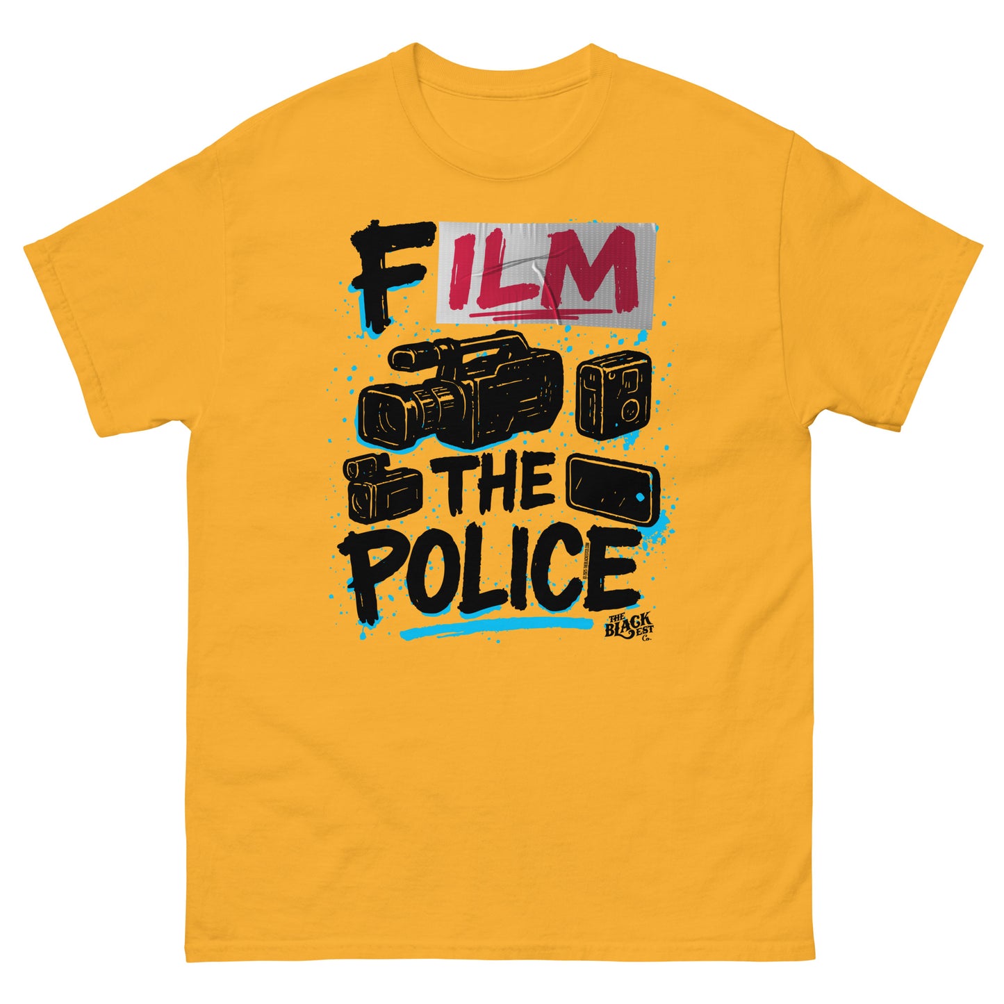 Yellow Film The Police Staple T-shirt by TheBlackest Co. with bold activist slogan and illustrated surveillance gear in black and blue.