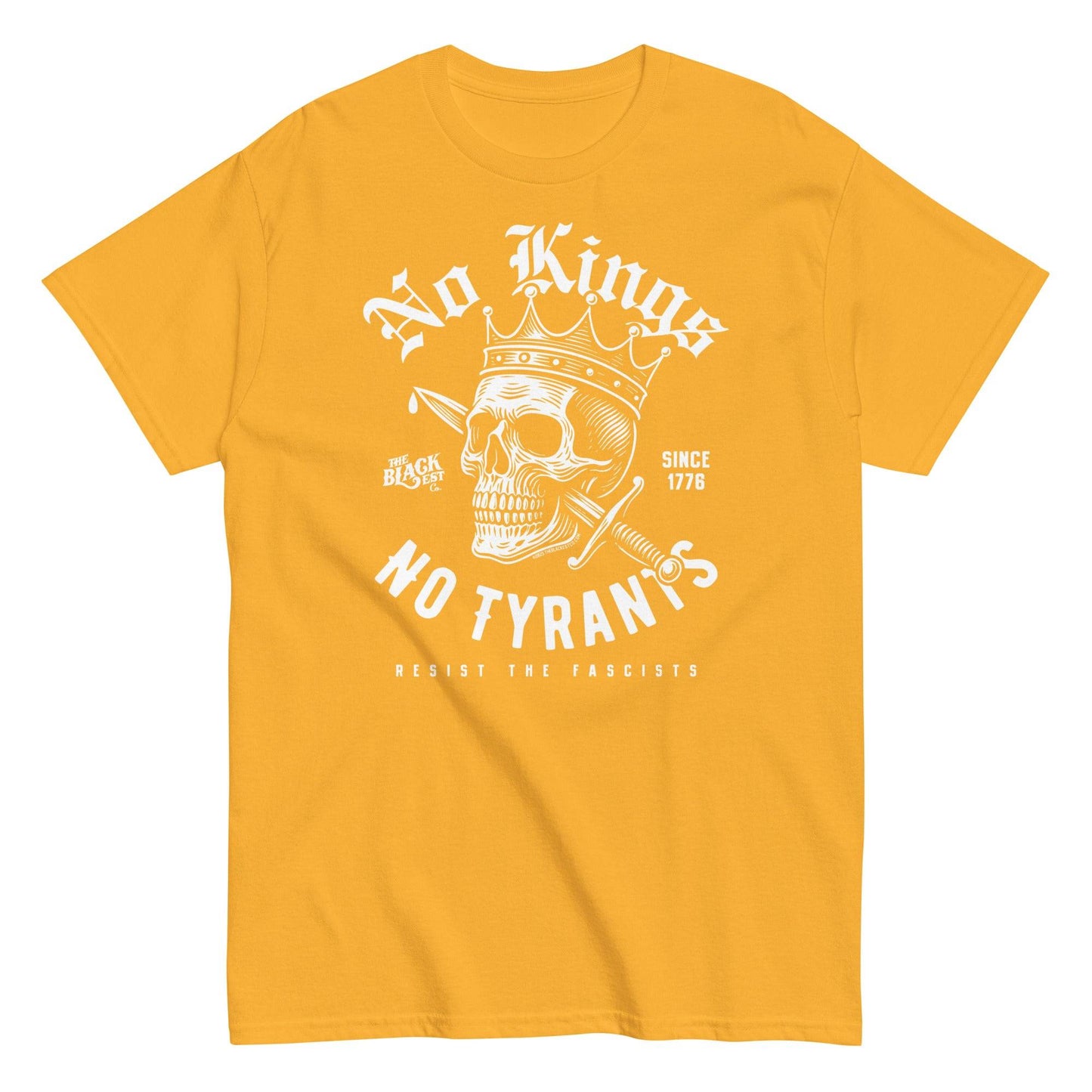 Yellow No Kings No Tyrants Skull Protest T-Shirt by TheBlackest Co. with bold white skull design, unisex activist tee for cultural resistance.
