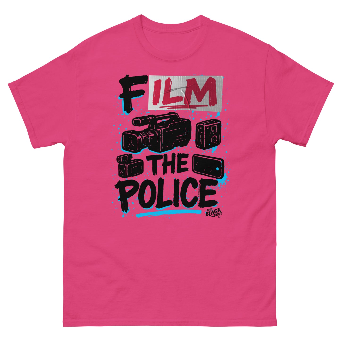 Pink Film The Police Staple T-shirt by TheBlackest Co. featuring bold activist message and illustrated cameras in black and blue.