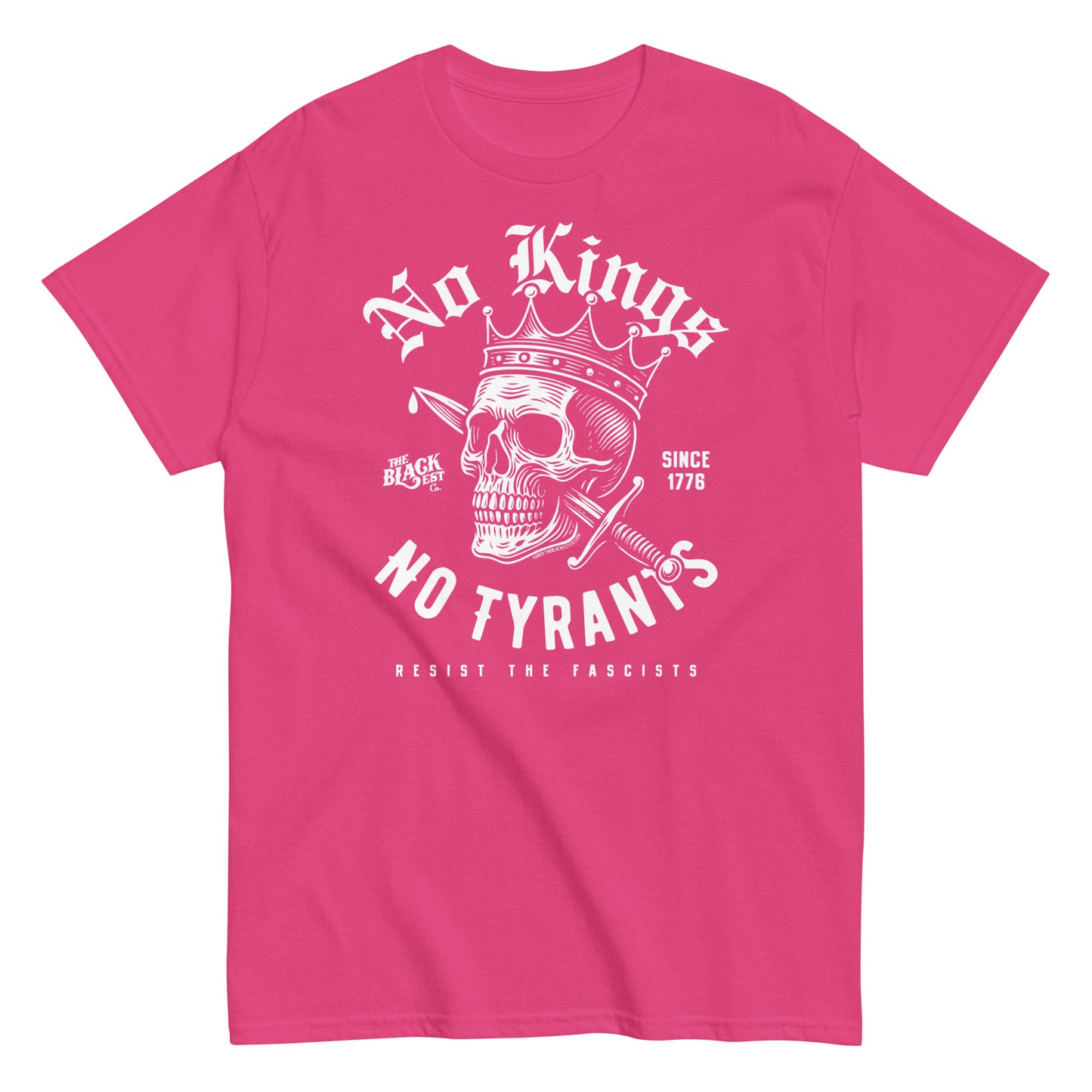 Pink No Kings No Tyrants Skull Protest T-Shirt by TheBlackest Co. with bold white skull design, structured unisex tee for protest and culture.
