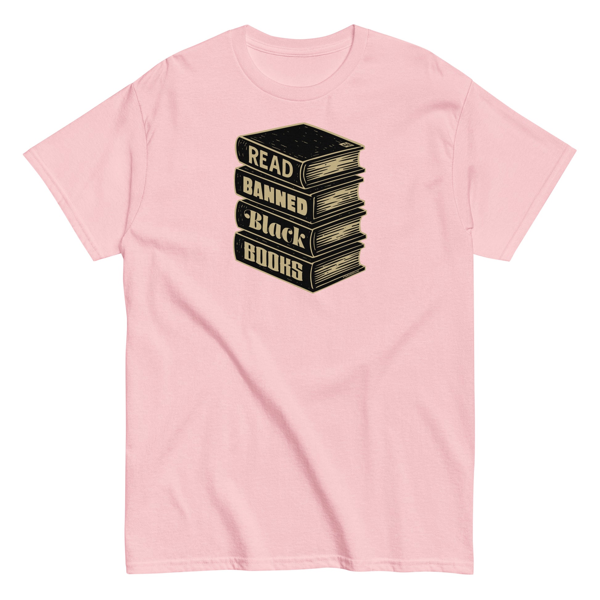 Pink Read Banned Black Books Stack Unisex T-Shirt by TheBlackest Co., a soft-hued activist tee with a bold message supporting Black voices.
