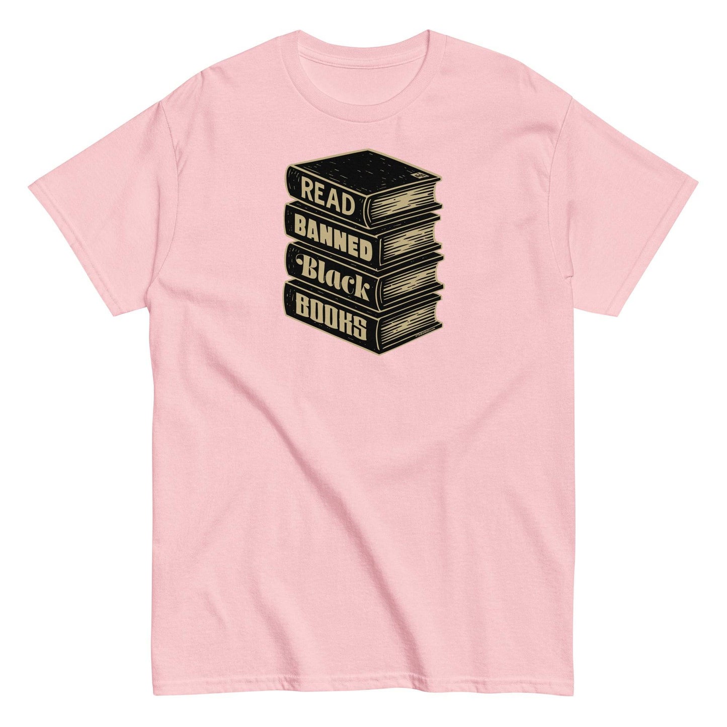 Pink Read Banned Black Books Stack Unisex T-Shirt by TheBlackest Co., a soft-hued activist tee with a bold message supporting Black voices.