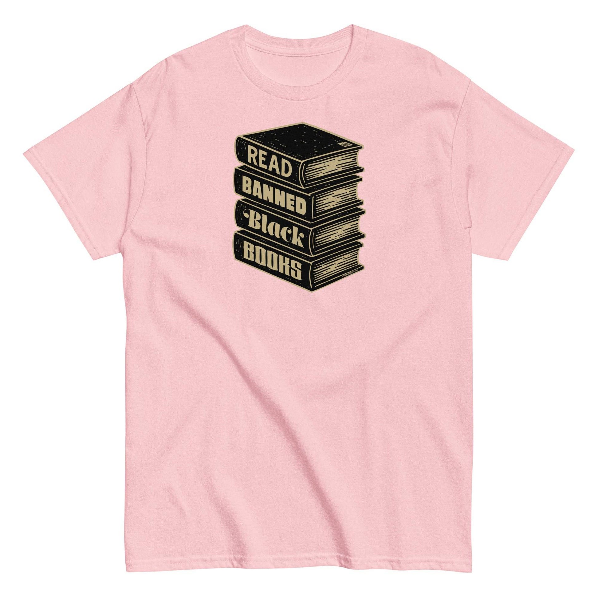 Pink Read Banned Black Books Stack Unisex T-Shirt by TheBlackest Co., a soft-hued activist tee with a bold message supporting Black voices.