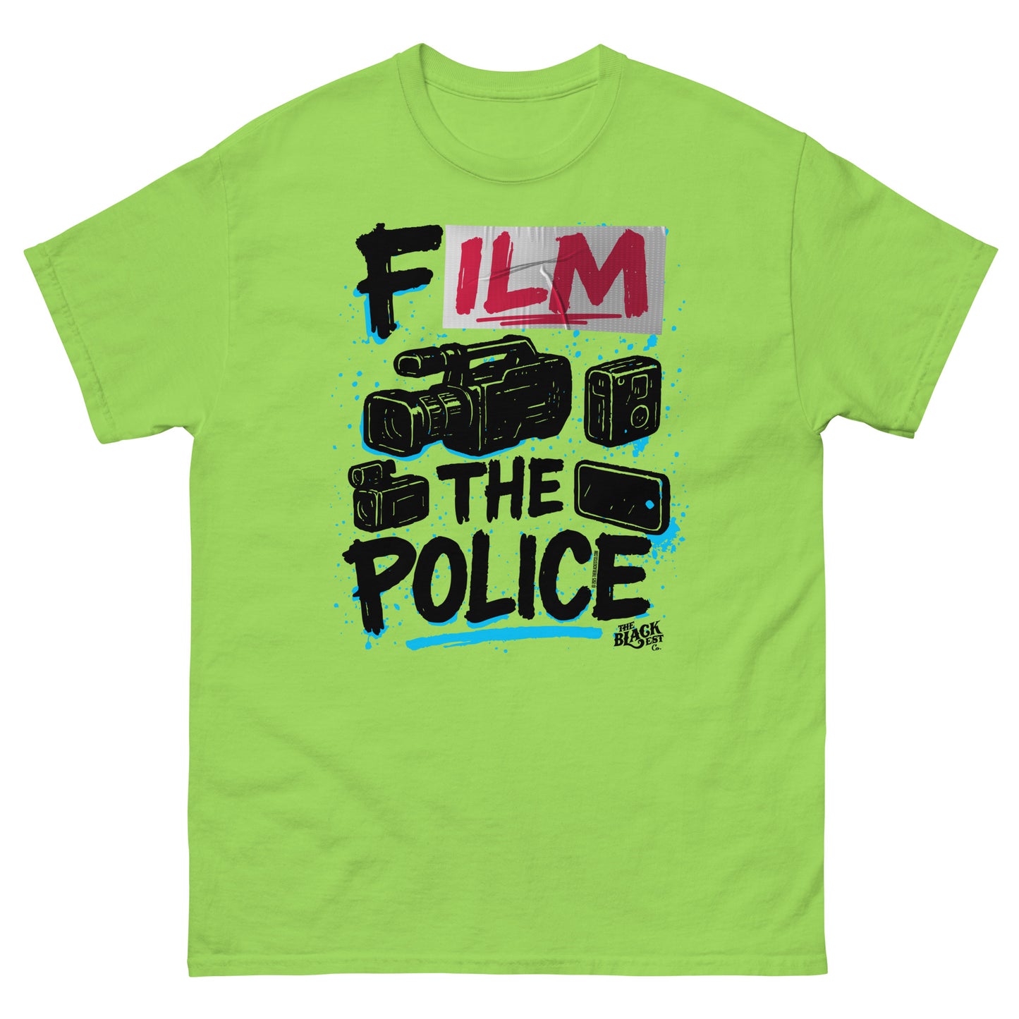 Lime green Film The Police Staple T-shirt by TheBlackest Co. with bold protest graphic and streetwear style for activism and culture.