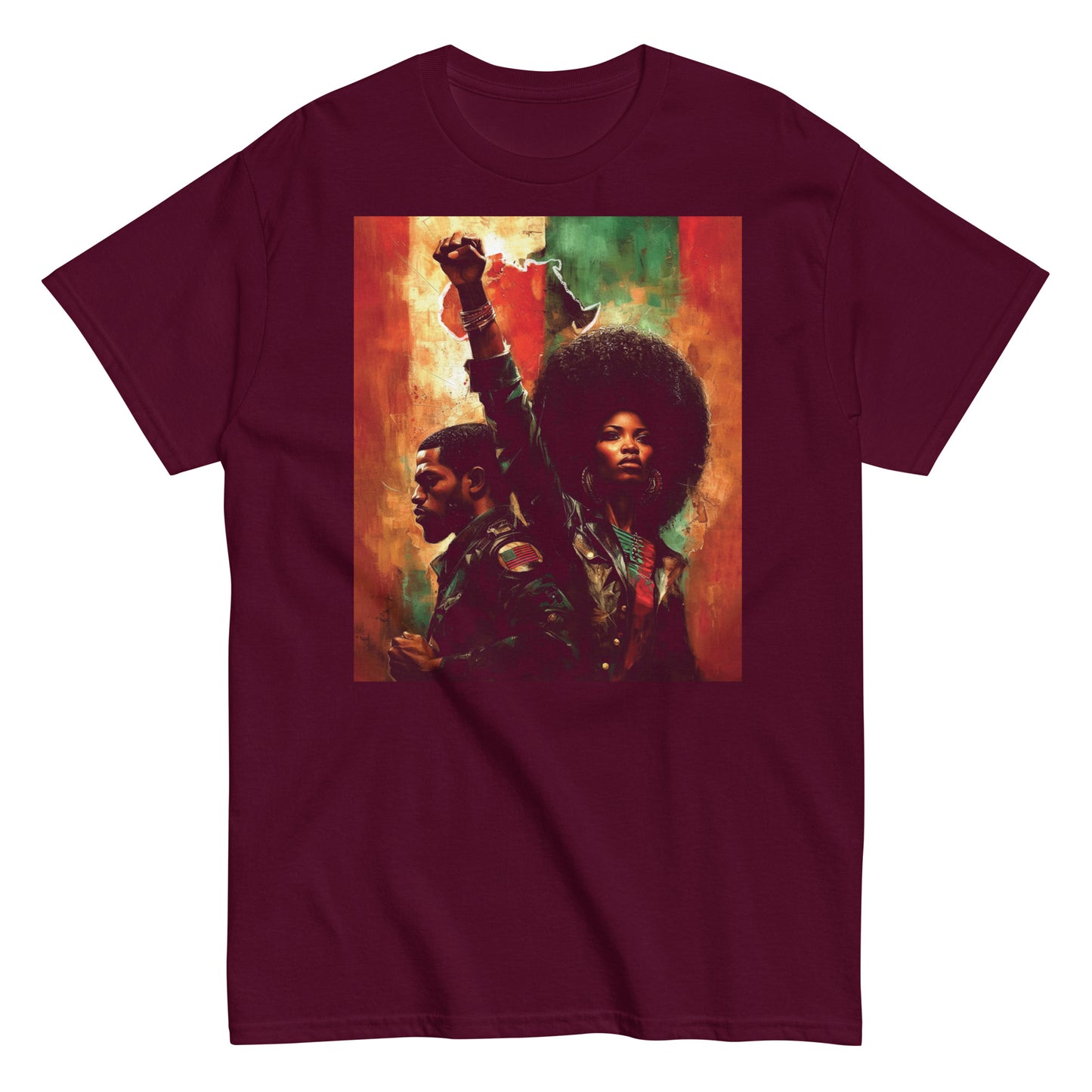 maroon t-shirt with Pan African couple and raised fist graphic