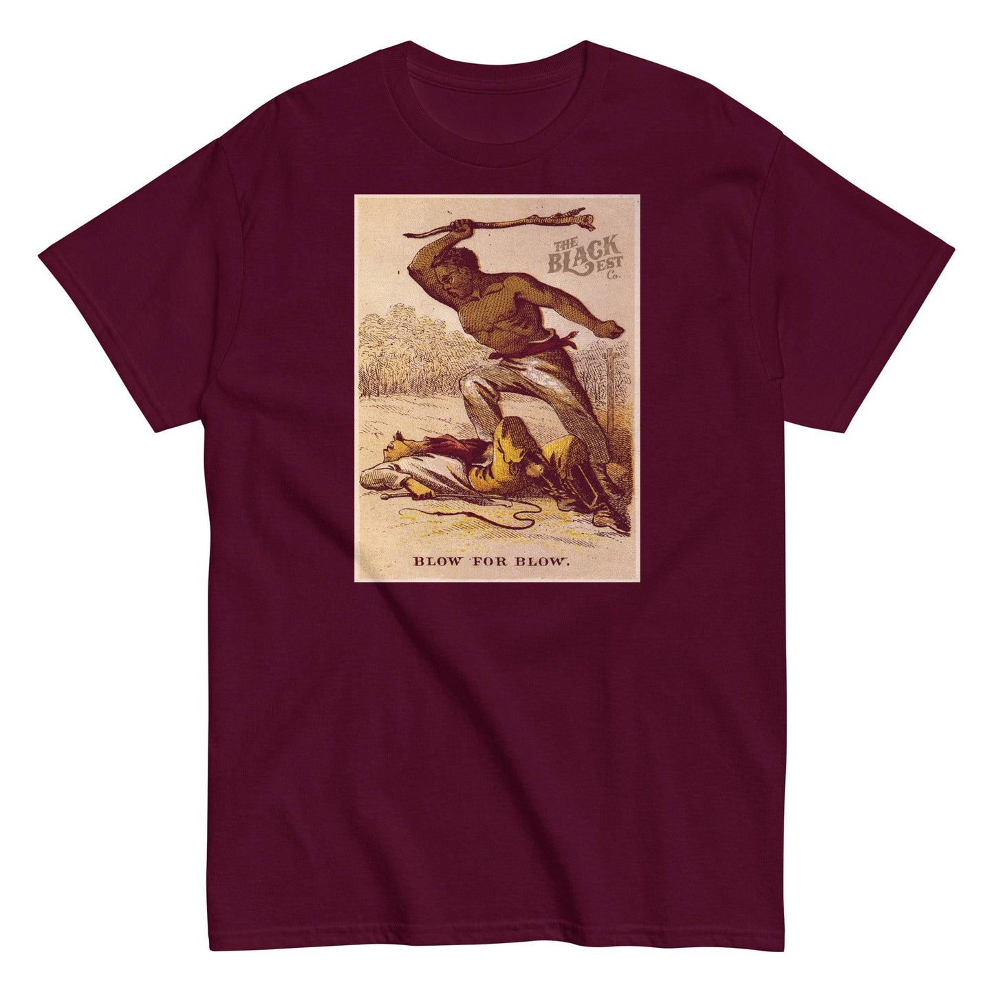 Blow For Blow | The Slave in 1863 Card Series T-Shirt in maroon featuring a vintage illustration of Black resistance during slavery. A bold graphic tee.