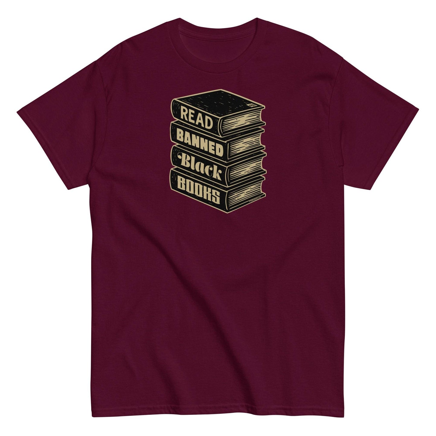 Maroon Read Banned Black Books Stack Unisex T-Shirt by TheBlackest Co. with a vintage-style book stack design promoting Black literature.