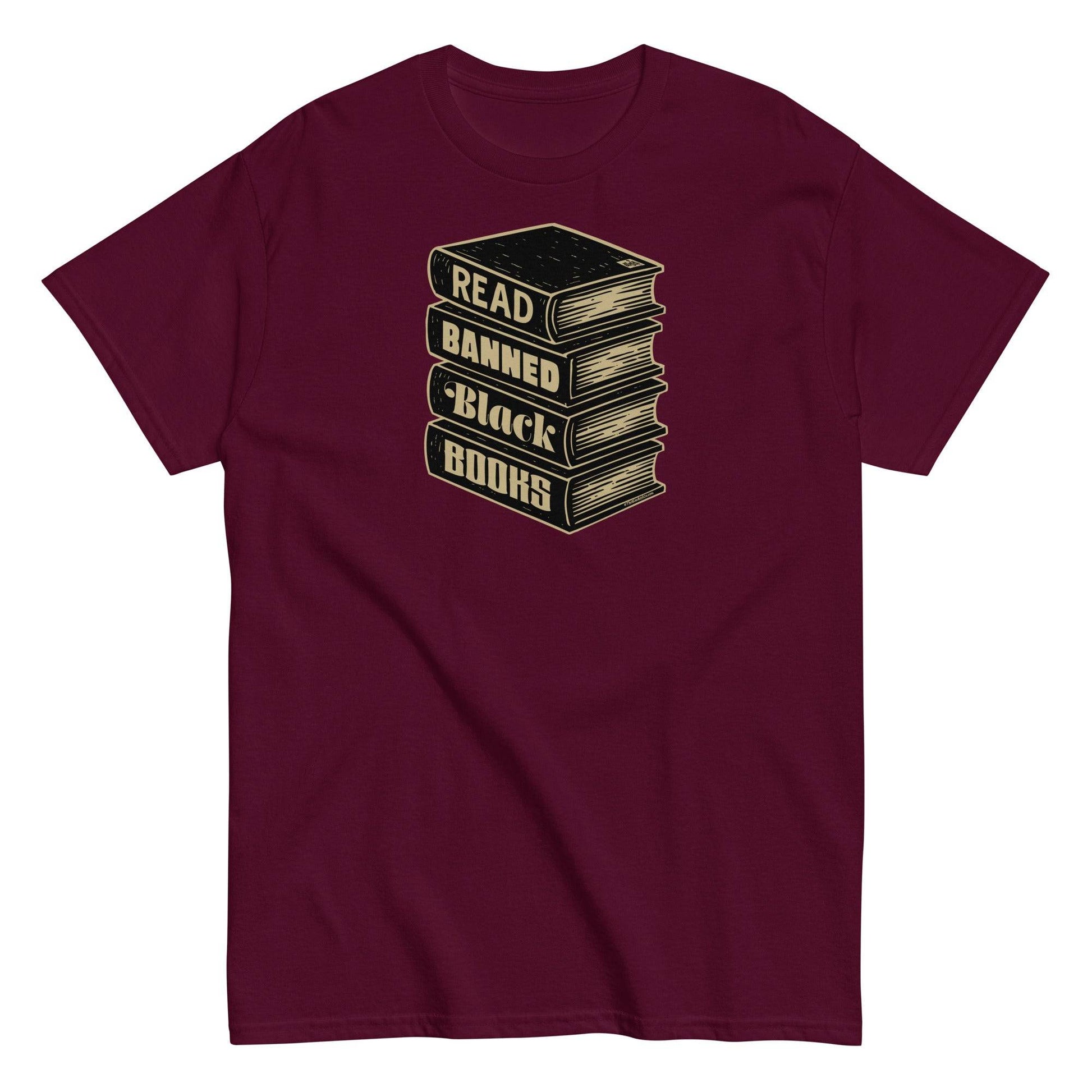 Maroon Read Banned Black Books Stack Unisex T-Shirt by TheBlackest Co. with a vintage-style book stack design promoting Black literature.