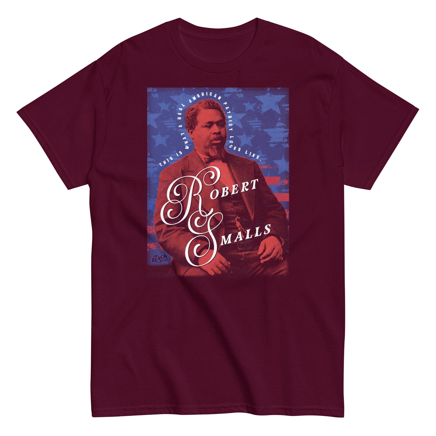 Maroon Robert Smalls Real American Patriot Unisex T-shirt with vintage portrait and USA flag background, honoring Black American hero.