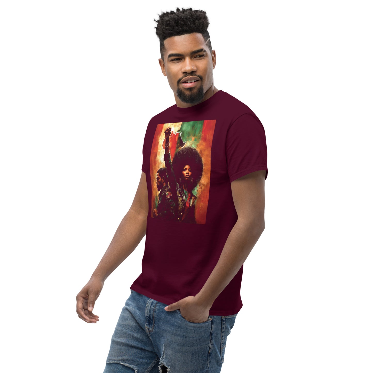 young man in maroon t-shirt with Pan African couple and raised fist graphic