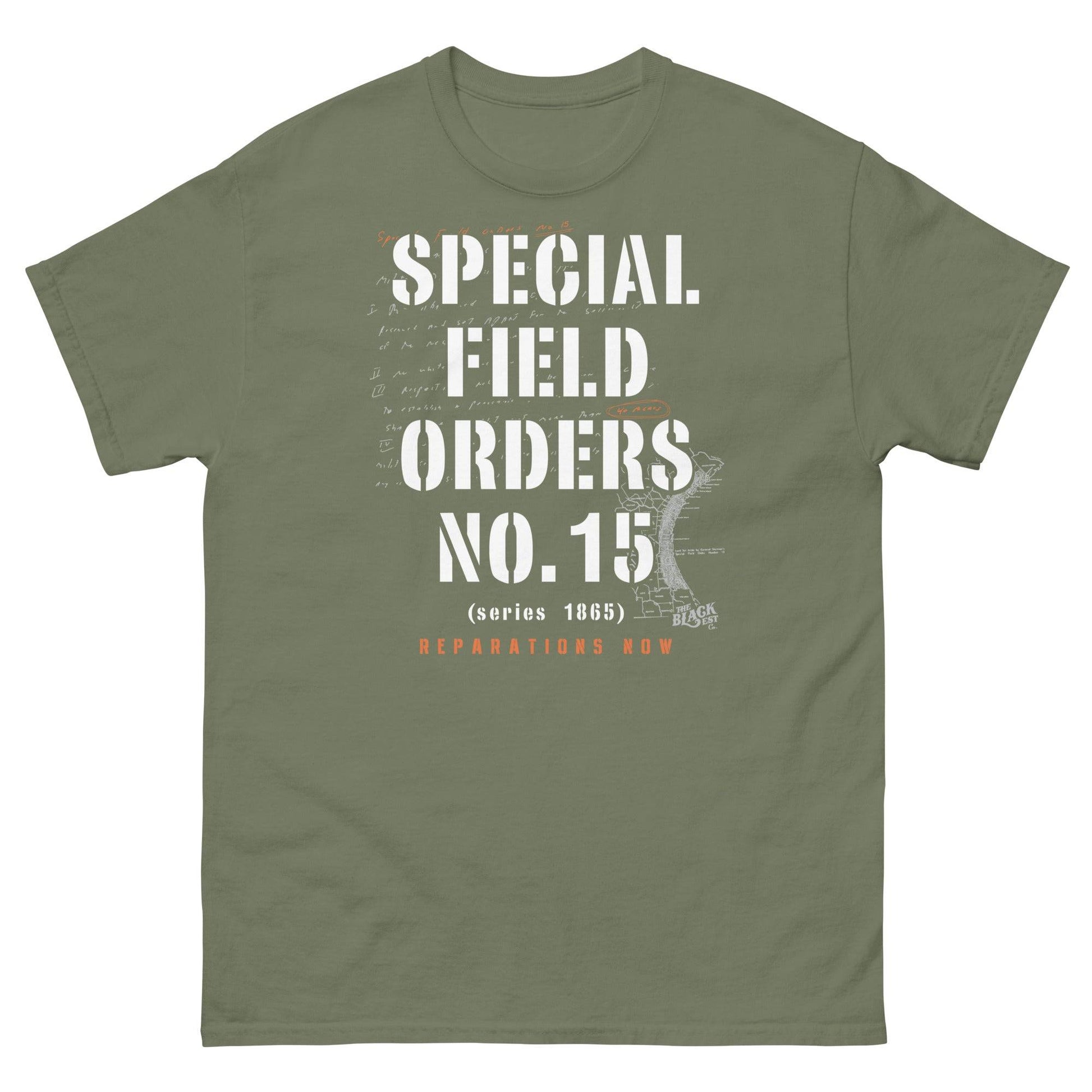 Olive green Special Field Order No. 15 Reparations T-Shirt with bold civil rights message, inspired by 1865 military order.