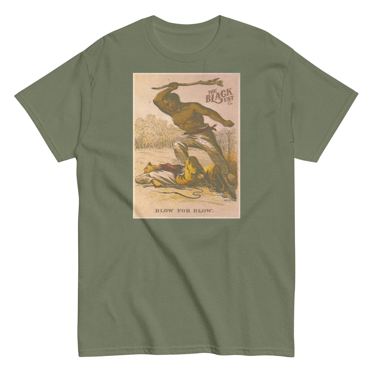 Blow For Blow | The Slave in 1863 Card Series T-Shirt in army green with a striking 1863 resistance graphic. A proud Black-owned apparel piece in the t-shirt category.