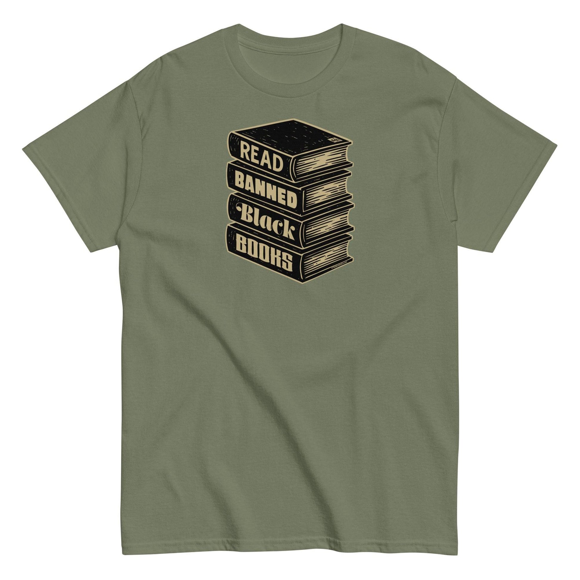 Olive green Read Banned Black Books Stack Unisex T-Shirt by TheBlackest Co., featuring a stacked book design supporting Black authorship.