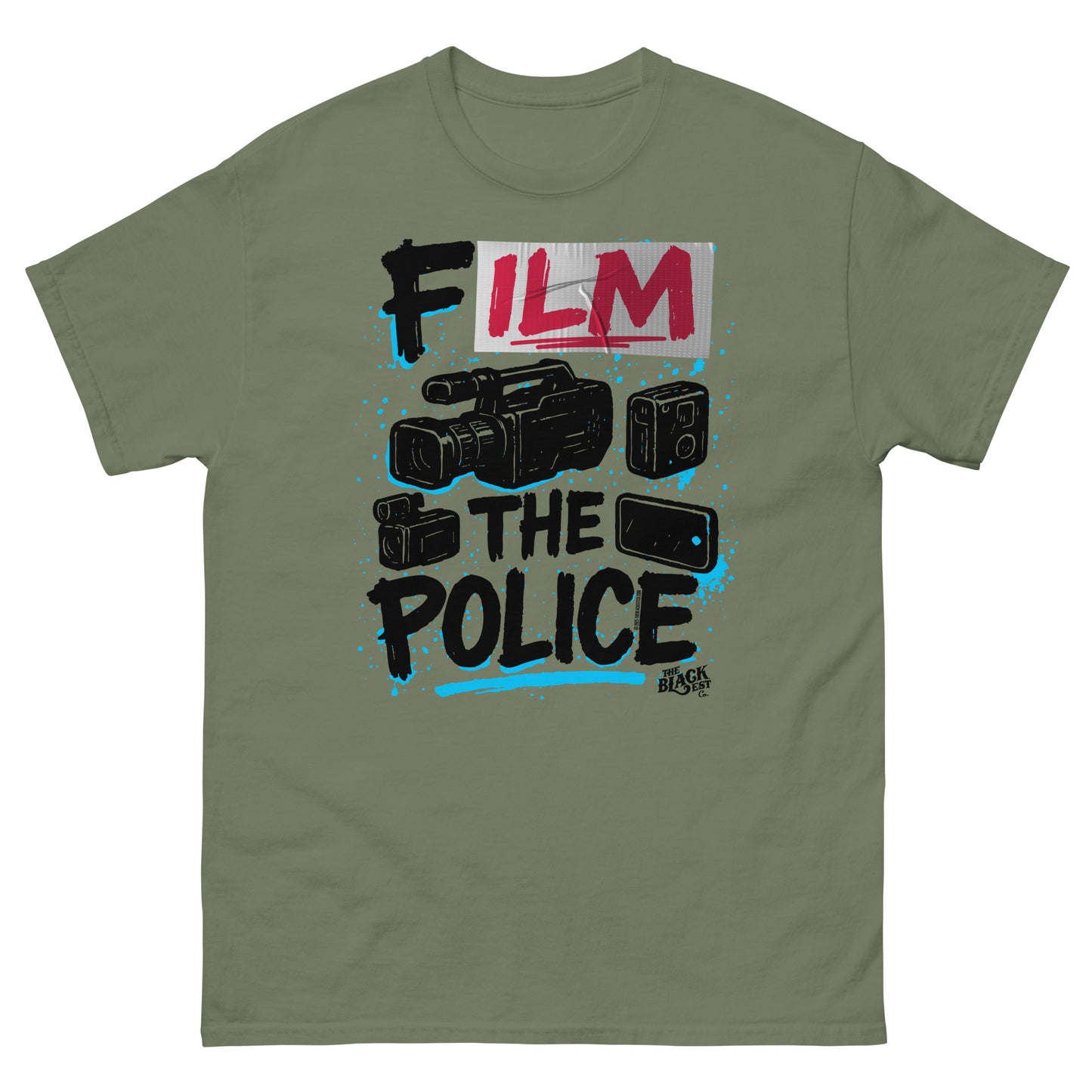 Olive green Film The Police Staple T-shirt by TheBlackest Co. with bold graphic and activist message in black, red, and blue.