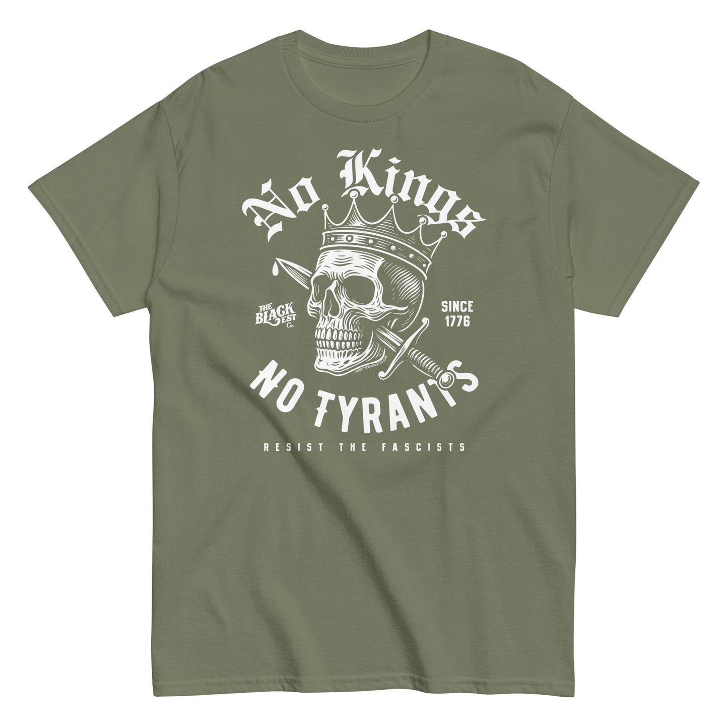 Olive green No Kings No Tyrants Skull Protest T-Shirt by TheBlackest Co. featuring bold skull and crown graphic, structured cotton protest tee.