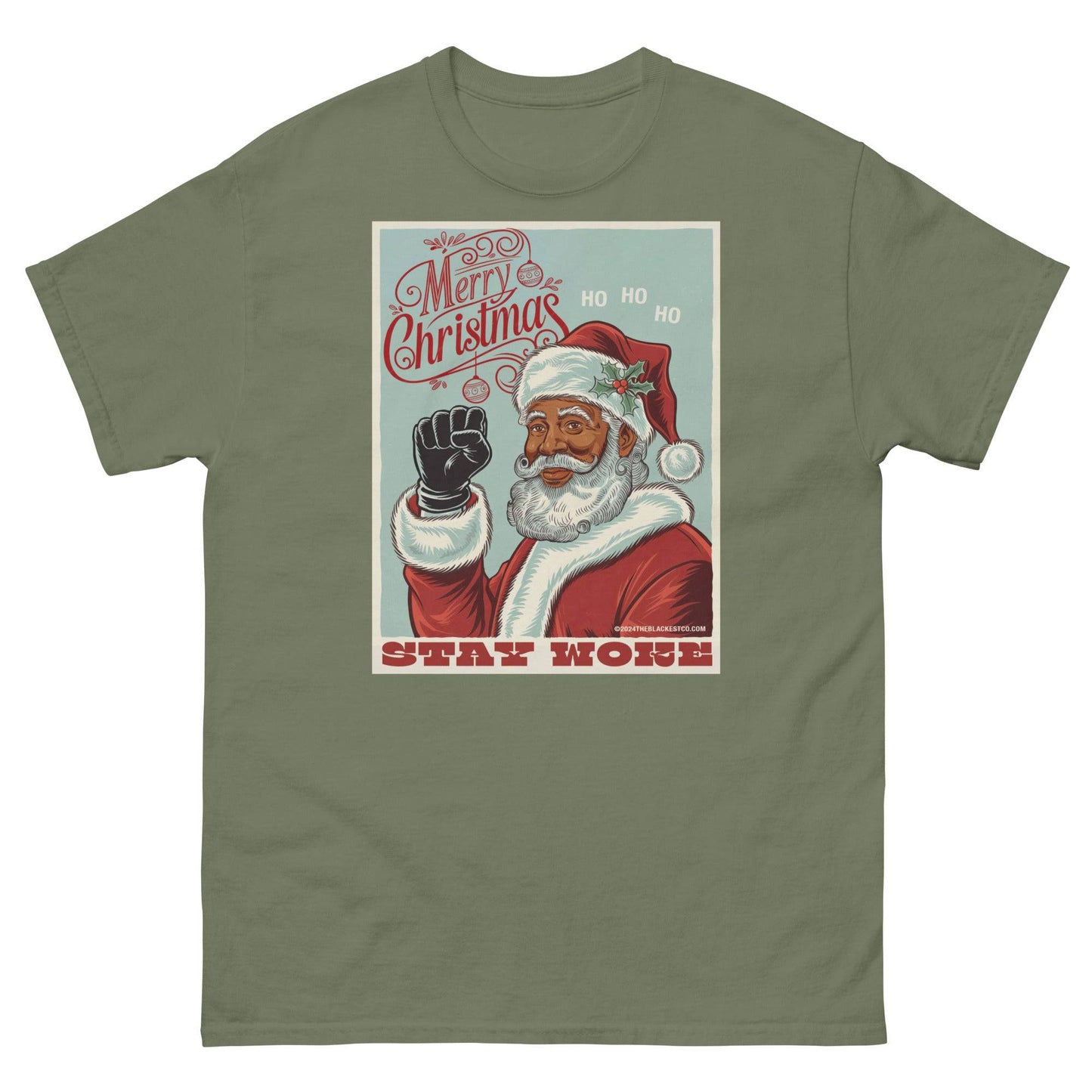 Olive green Black Santa Stay Woke Unisex Staple T-Shirt with retro holiday print and raised fist graphic, available in multiple sizes.