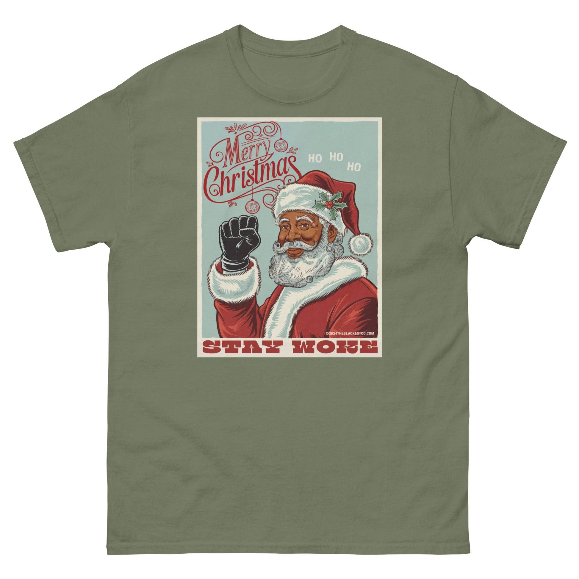 Olive green Black Santa Stay Woke Unisex Staple T-Shirt with retro holiday print and raised fist graphic, available in multiple sizes.