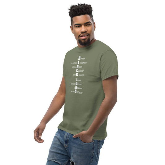 Model wearing olive green t-shirt with black jobs list design.