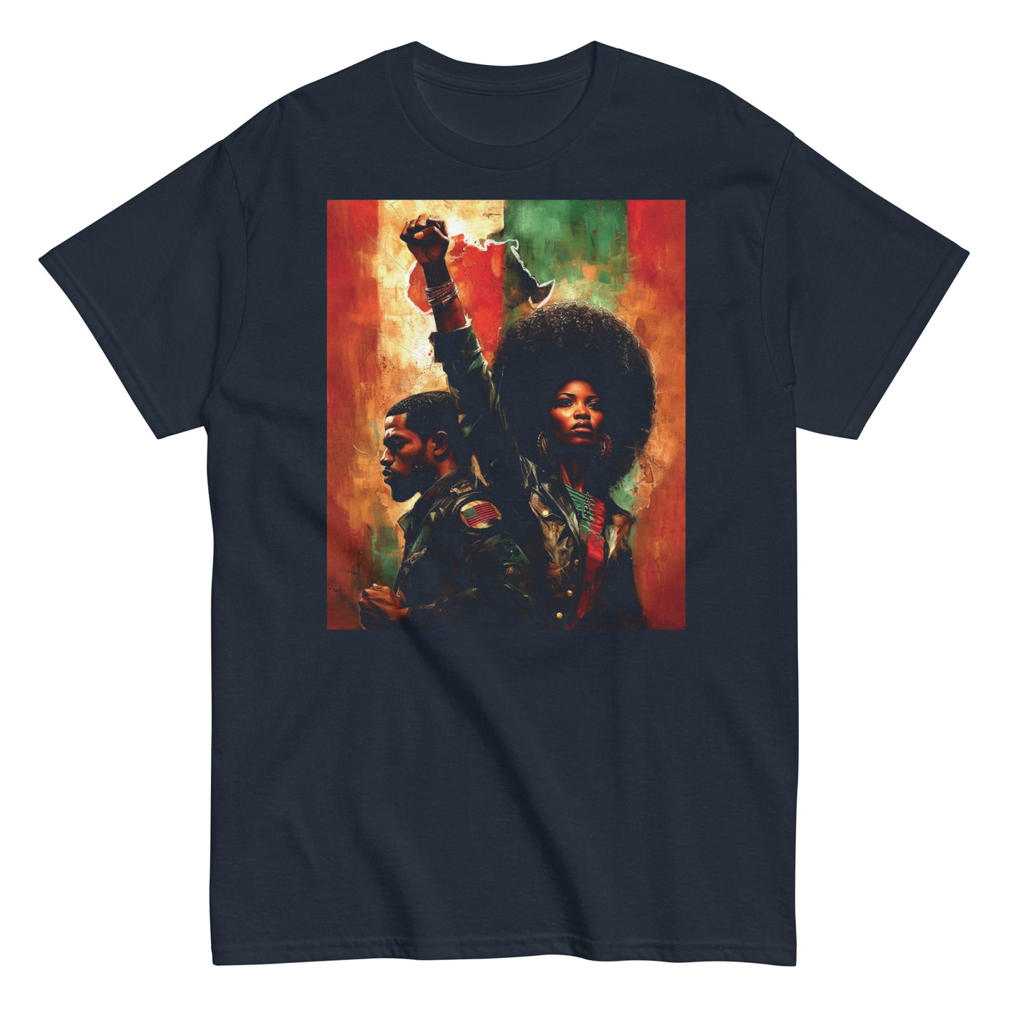Navy t-shirt with Pan African couple and raised fist graphic