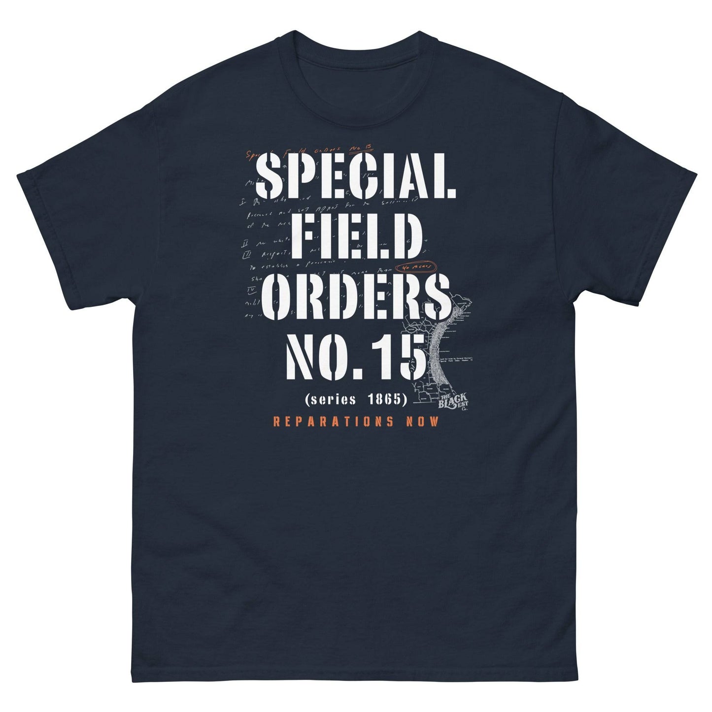 Navy blue Special Field Order No. 15 Reparations T-Shirt with graphic print referencing 1865 reparations and Black history.