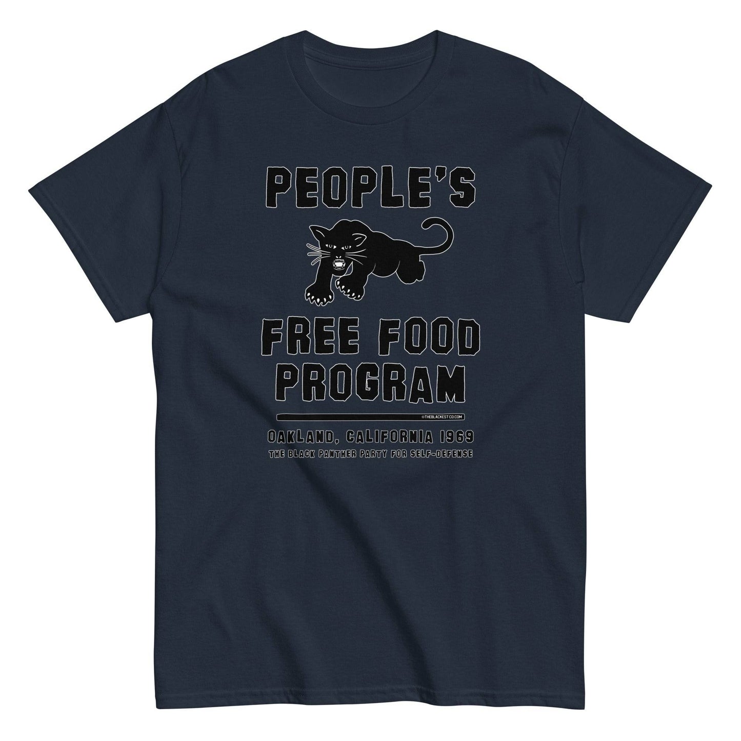 Black On Black BPP Free Food Program Staple T-Shirt in dark navy variant with iconic panther logo and text celebrating Black Panther Party’s food initiative.