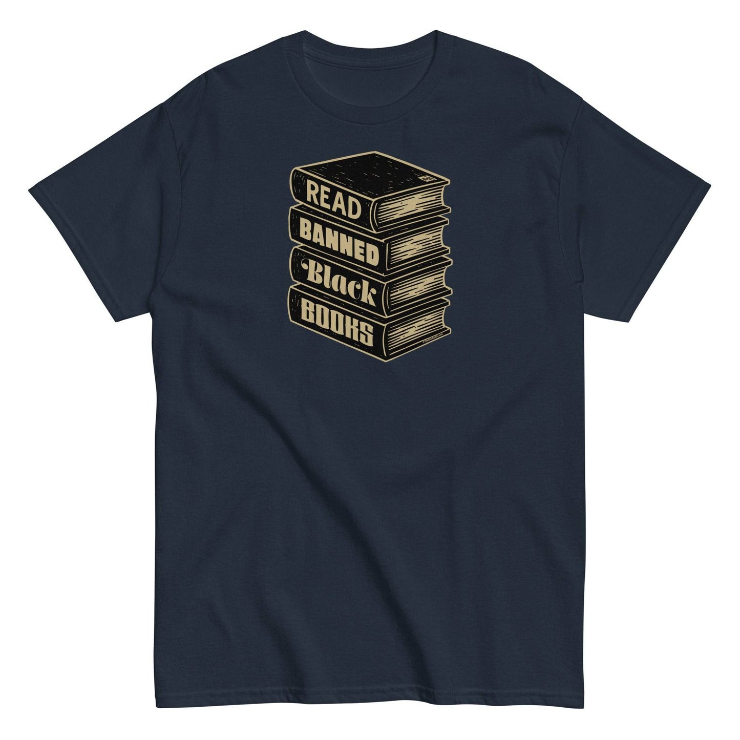 Navy Read Banned Black Books Stack Unisex T-Shirt by TheBlackest Co. featuring a protest-style book stack graphic for Black pride and activism.