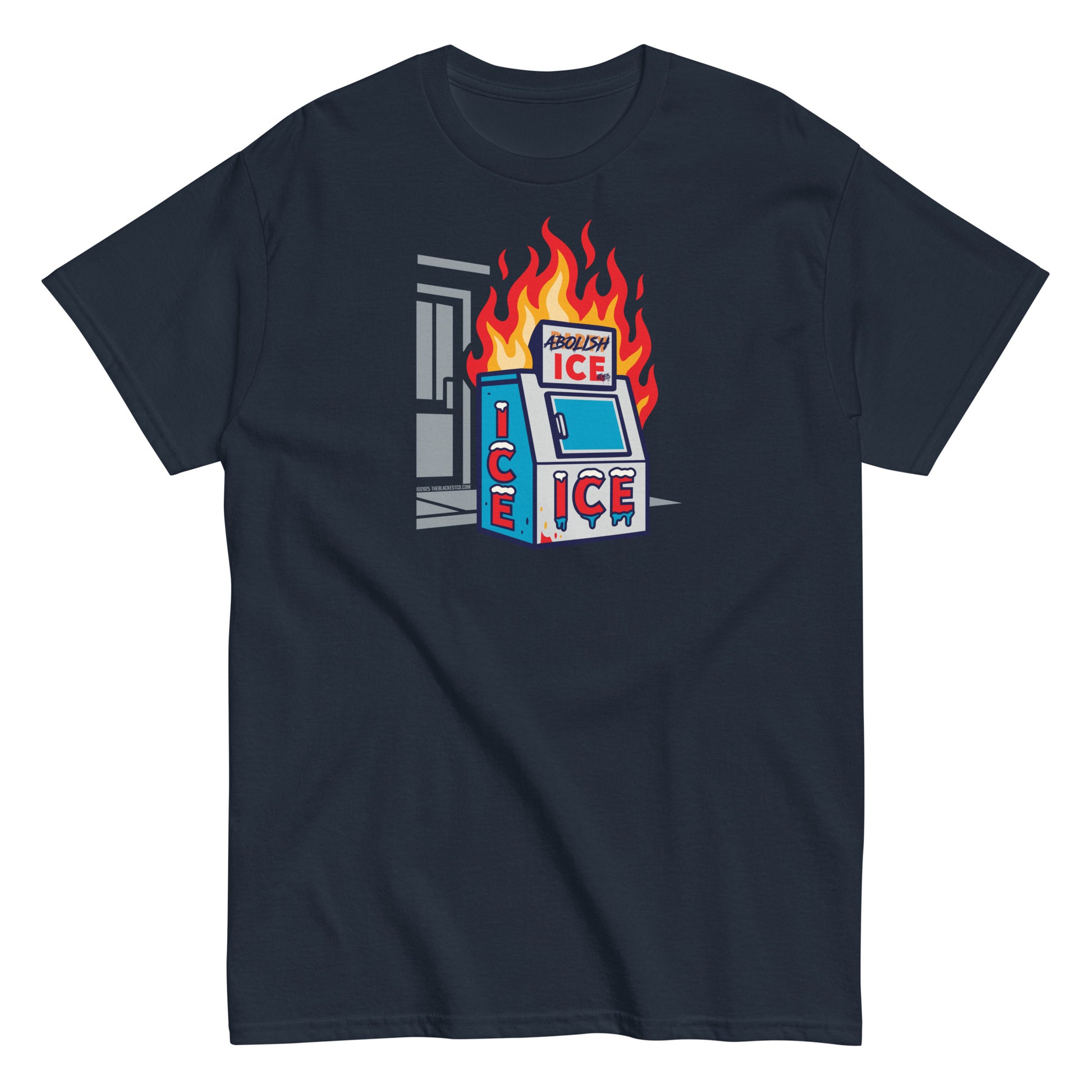 Navy blue Abolish ICE Statement Staple Unisex T-Shirt from TheBlackest Co., featuring a protest-themed ice machine illustration.