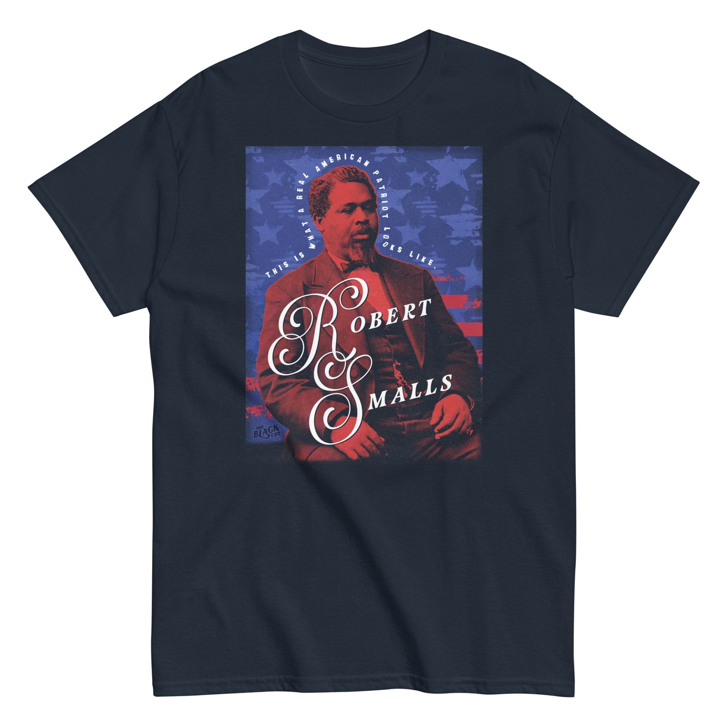 Navy blue Robert Smalls Real American Patriot Unisex T-shirt featuring bold red and blue graphic print and classic typography.