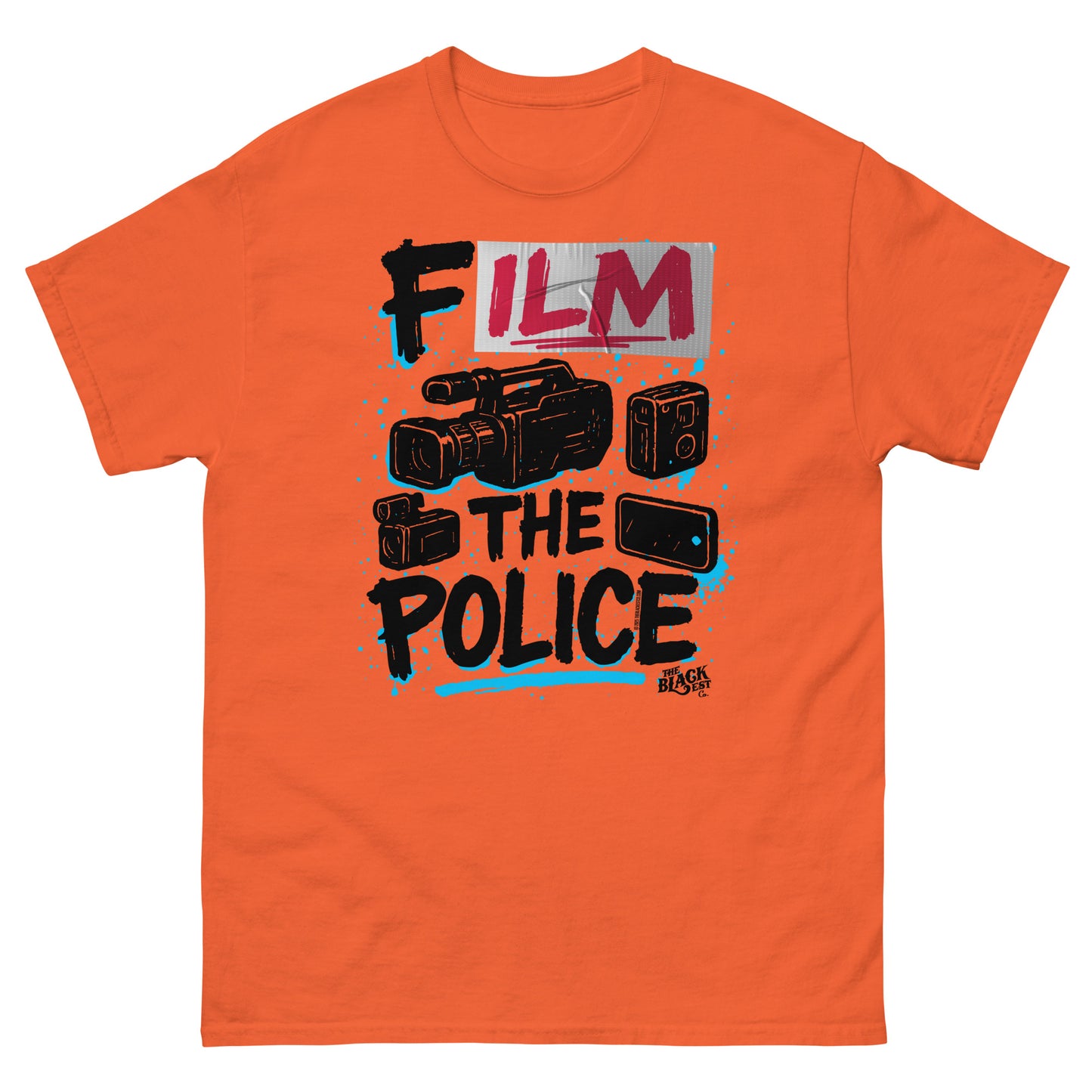 Orange Film The Police Staple T-shirt by TheBlackest Co. featuring protest-themed camera artwork and bold streetwear statement.