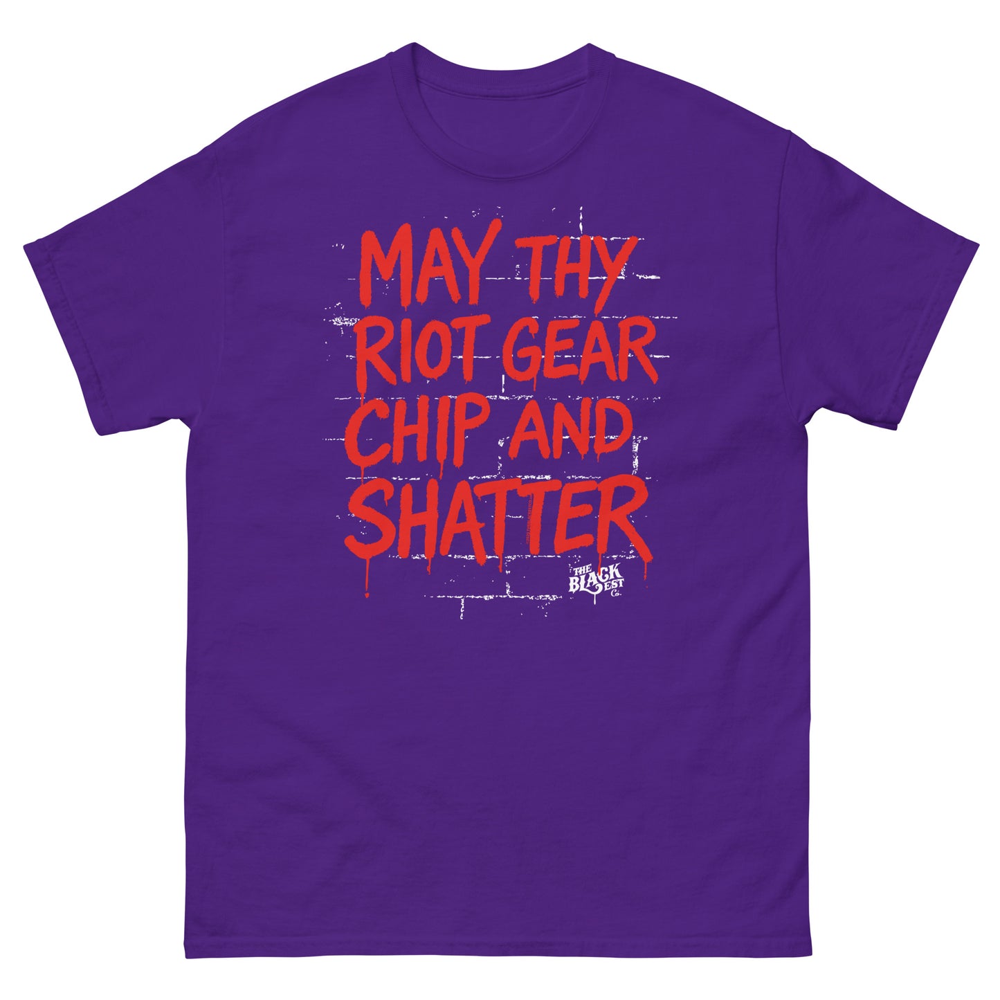 Purple May Thy Riot Gear Chip And Shatter Staple T-Shirt by TheBlackest Co. featuring red activist slogan in graffiti-style font.