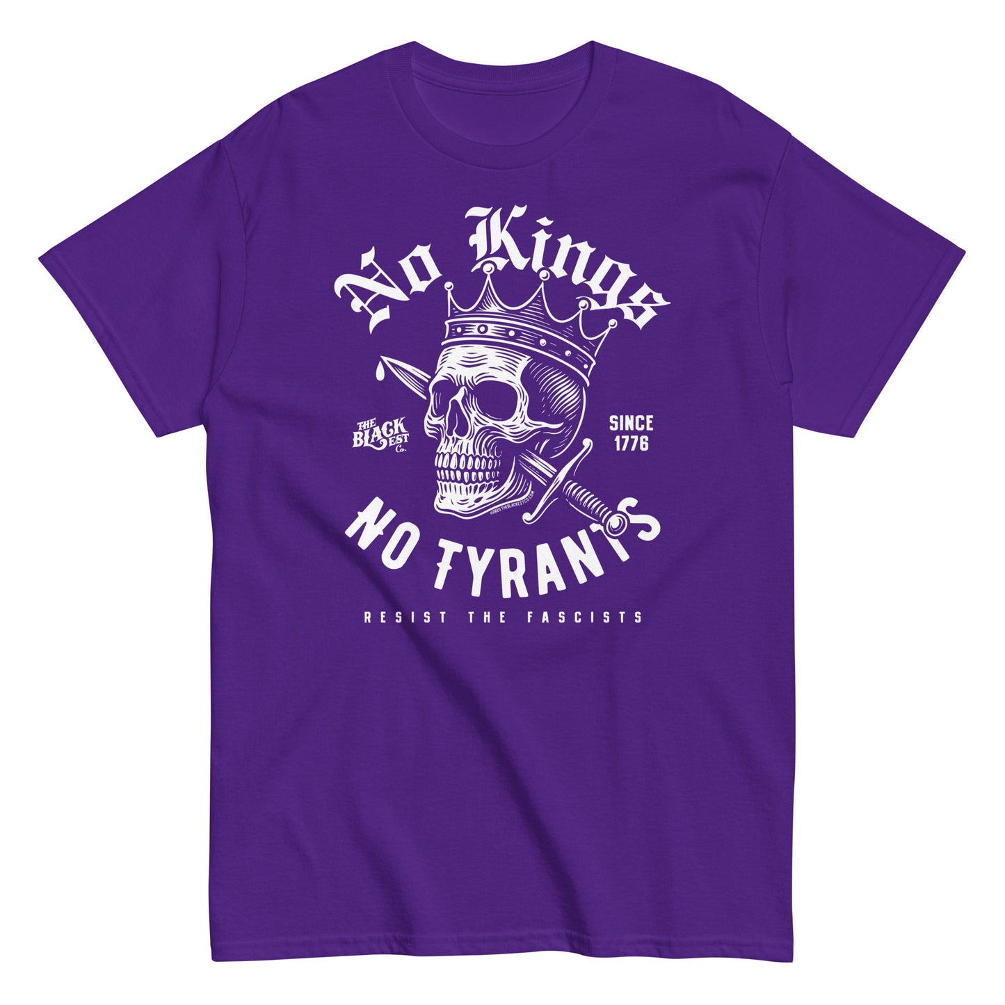 Purple No Kings No Tyrants Skull Protest T-Shirt by TheBlackest Co. featuring bold white skull design, anti-fascist unisex streetwear tee.