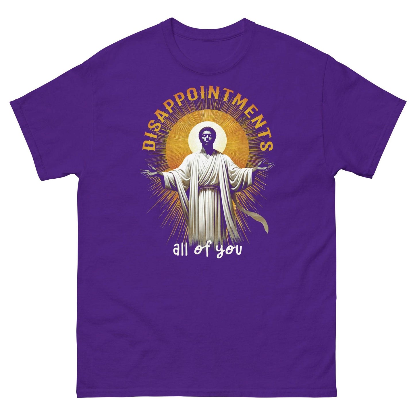 Disappointments All Of You Black Jesus T-Shirt in purple, featuring radiant Black Jesus artwork and bold text, available in extended sizes.