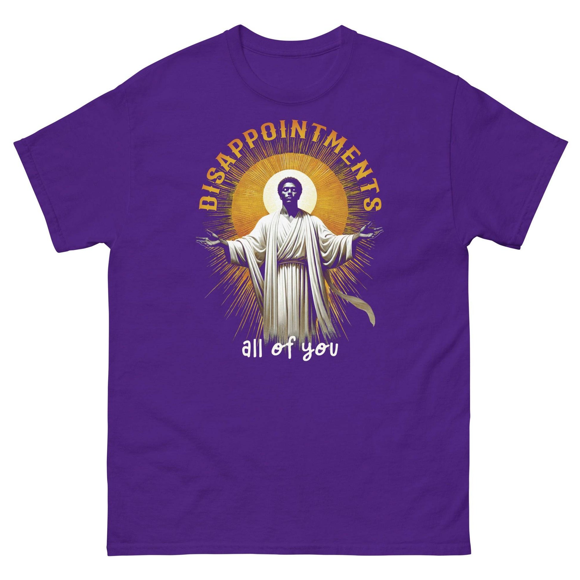 Disappointments All Of You Black Jesus T-Shirt in purple, featuring radiant Black Jesus artwork and bold text, available in extended sizes.