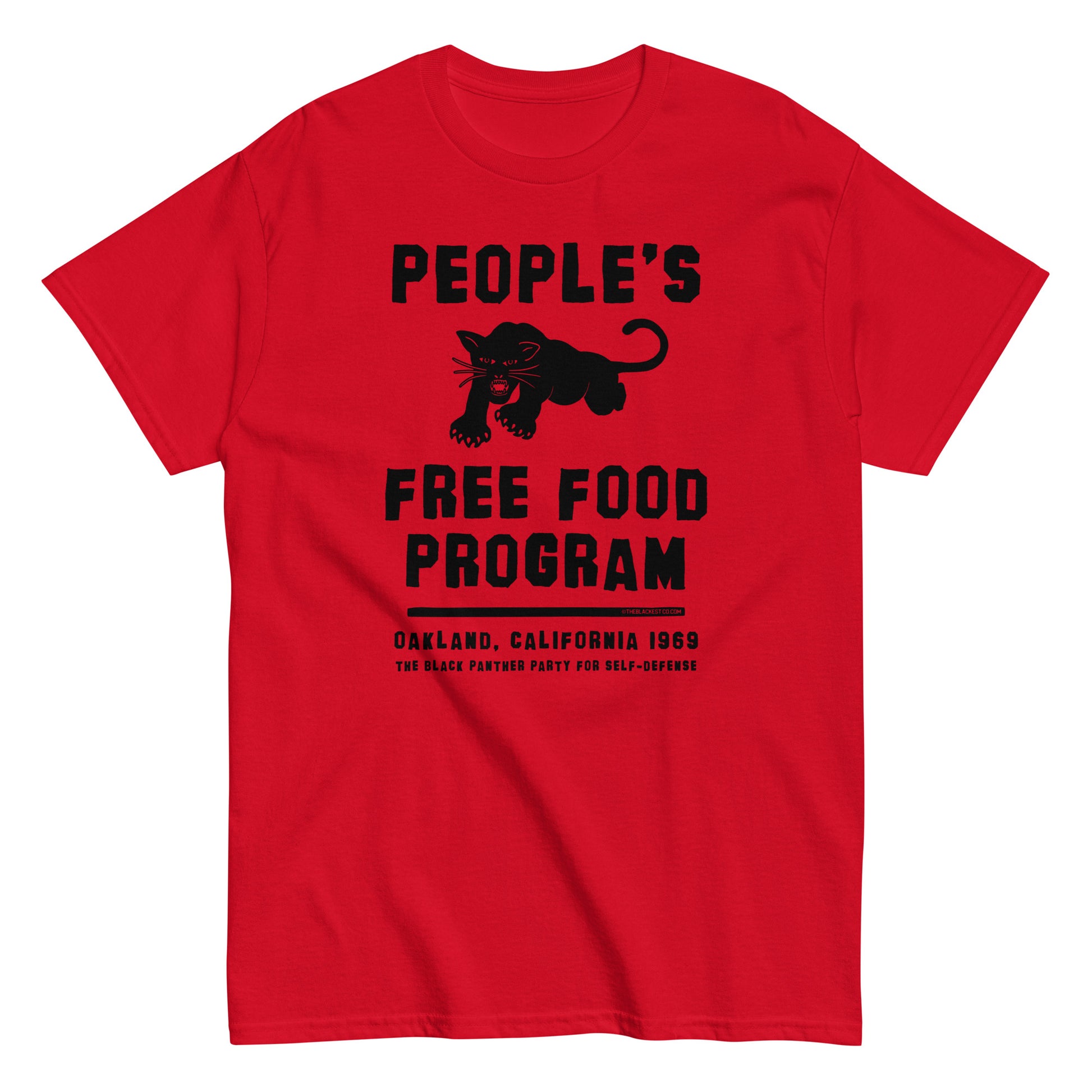 People's Free Food Program Staple T-Shirt in bold red with black graphic and text, honoring the Black Panther Party's community initiative. Made from 100% cotton for comfort and style.