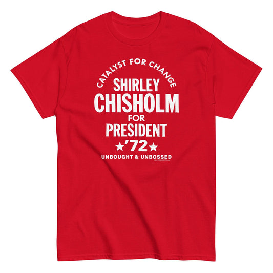 Close-up of red Shirley Chisholm for President 72 t-shirt with white graphic design