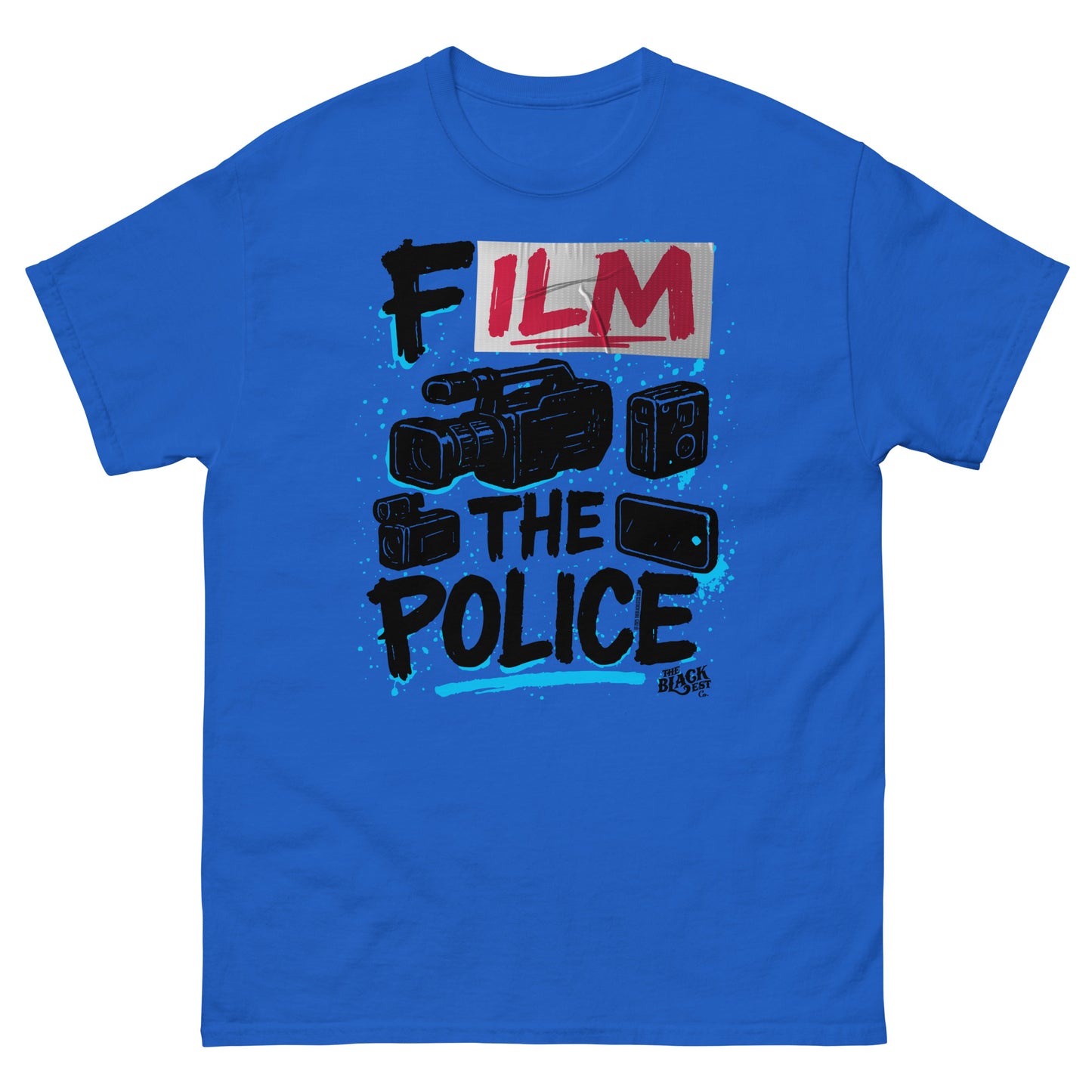 Blue Film The Police Staple T-shirt by TheBlackest Co. with protest-themed camera graphic and bold lettering for streetwear appeal.