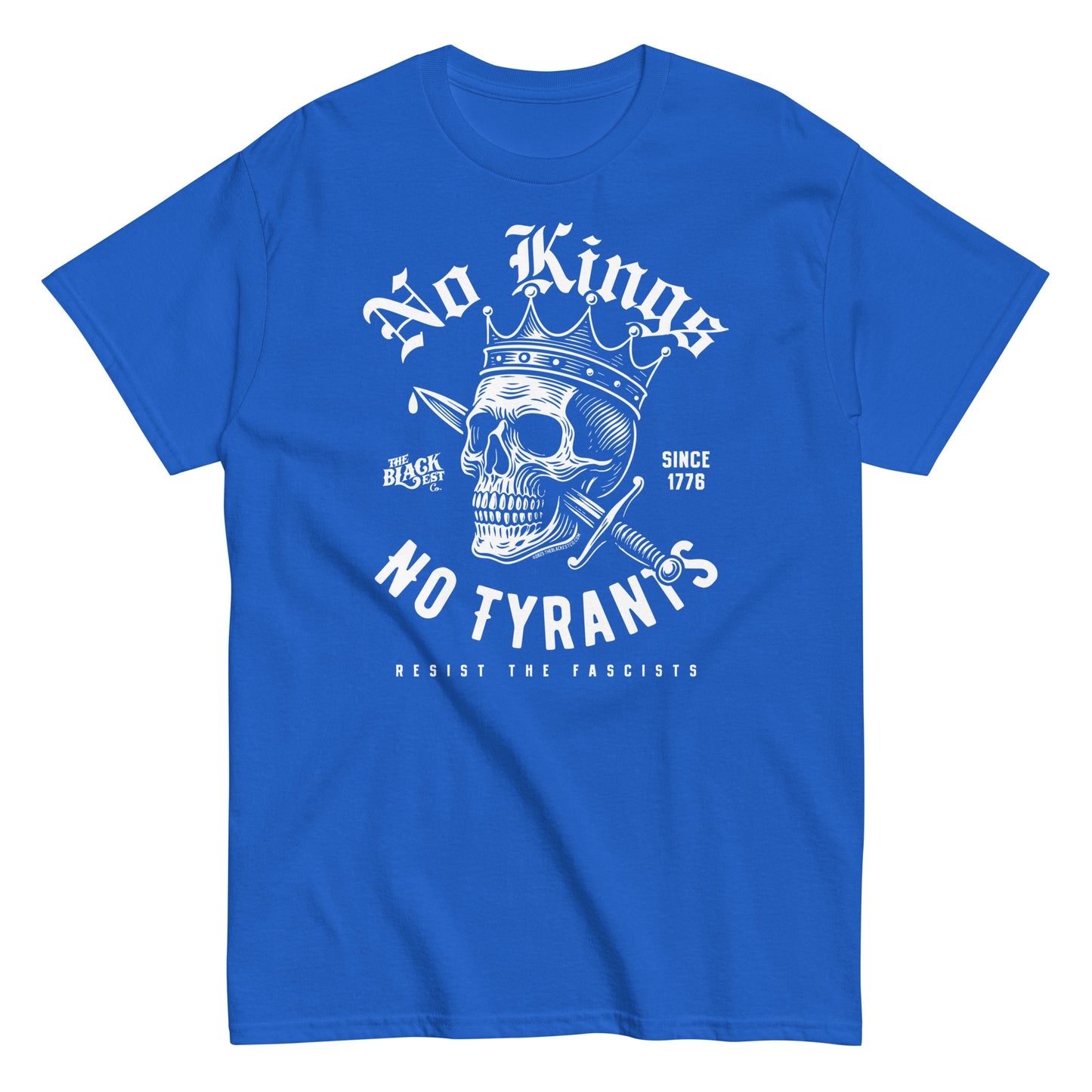 Royal blue No Kings No Tyrants Skull Protest T-Shirt by TheBlackest Co. featuring white skull and crown graphic, rebellion-themed cotton tee.