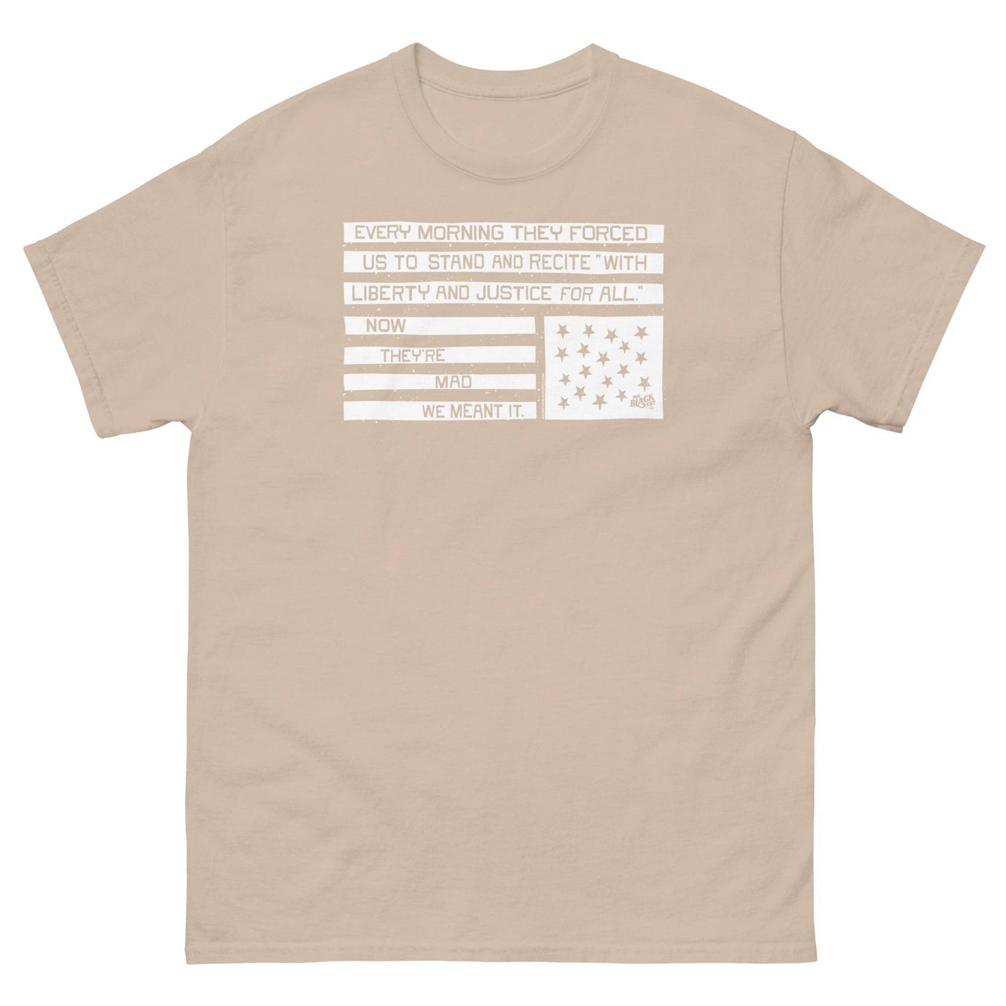 Tan unisex graphic T-shirt with liberty and justice protest design