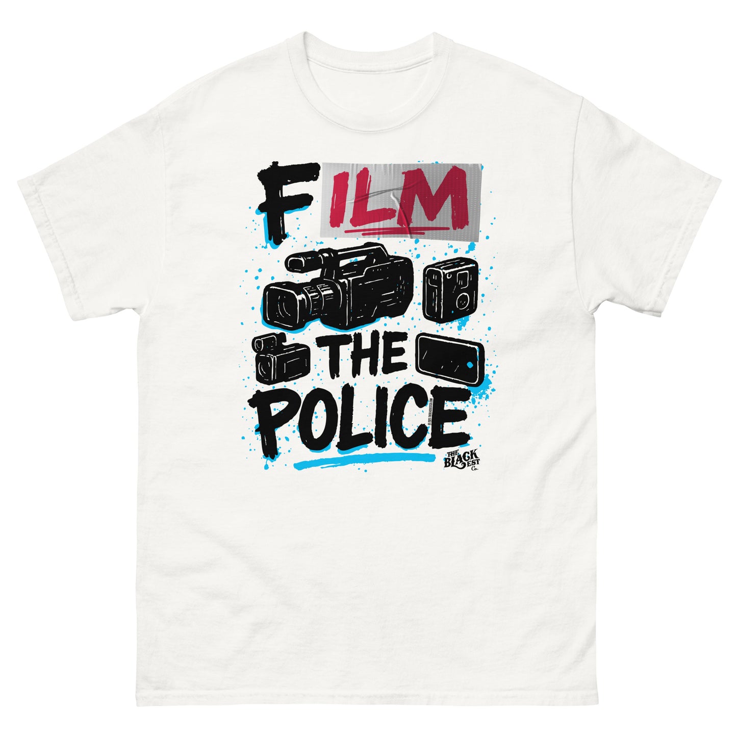 White Film The Police Staple T-shirt by TheBlackest Co. with bold protest slogan and camera graphics for cultural and activist expression.
