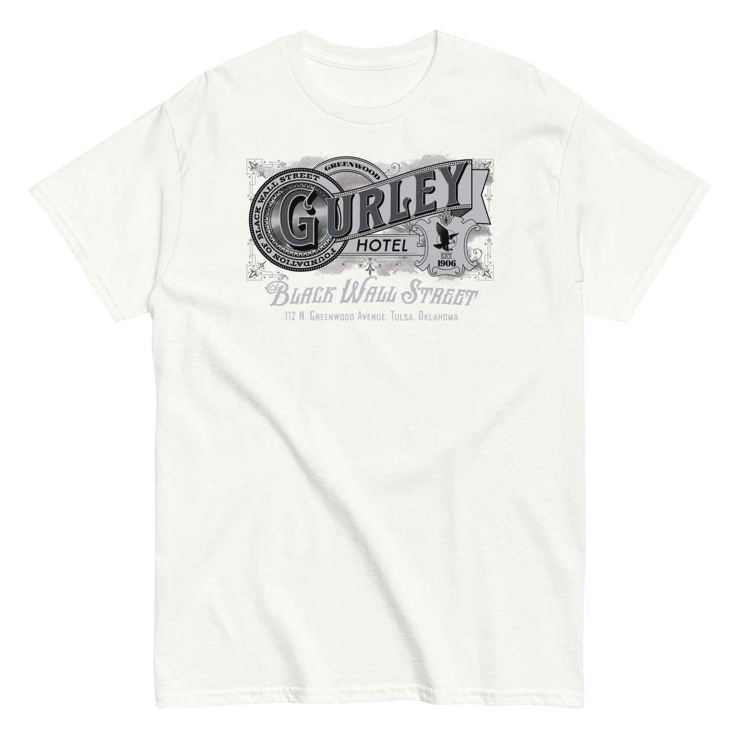 White vintage Gurley Hotel unisex T-shirt with Black Wall Street graphic design