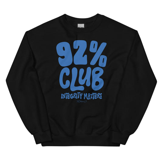 Black 92% Club Integrity Matters Sweatshirt by TheBlackest Co. featuring bold blue text, perfect for casual wear and cold weather.