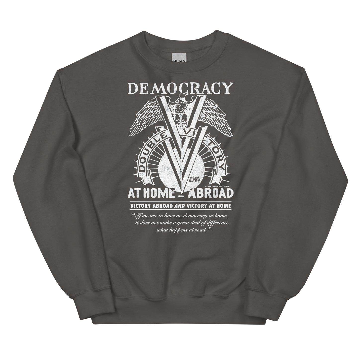 Dark brown Double V Campaign WWII Black Soldiers Sweatshirt with white emblematic print celebrating Black military history and civil rights.